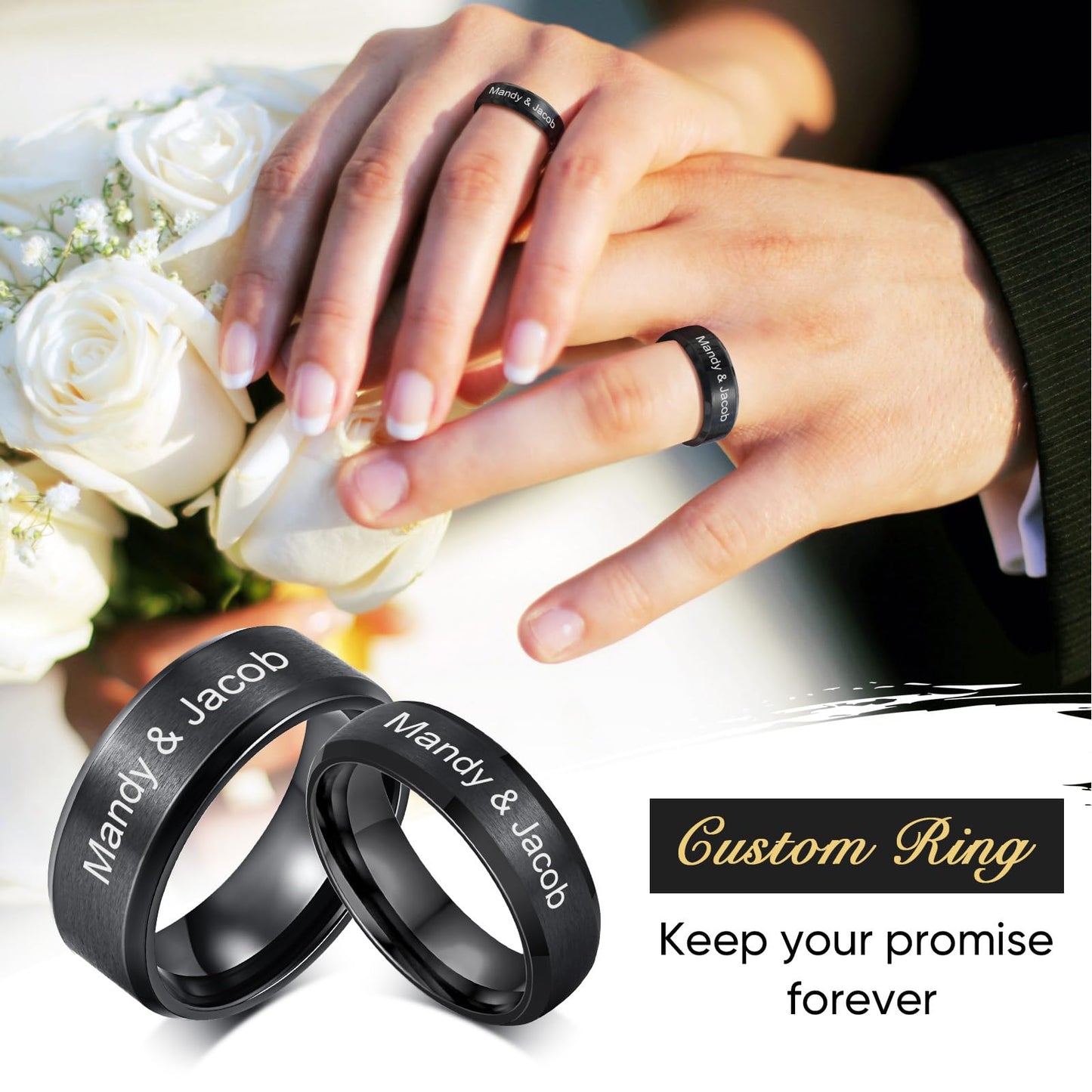 VNOX Customize Jewelry-6MM Black Stainless Steel Beveled Edge Matte Brushed Finish Rings for Men Women,Size 13