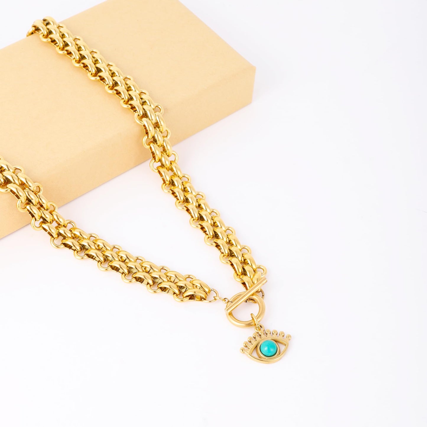 jomjeu Chunky Gold Necklace for Women Evil Eye Necklaces 18K Gold Plated Stainless Steel Chain Pendant Necklace Classic Trendy Toggle Thick Gold Necklaces Jewelry Gifts for Women
