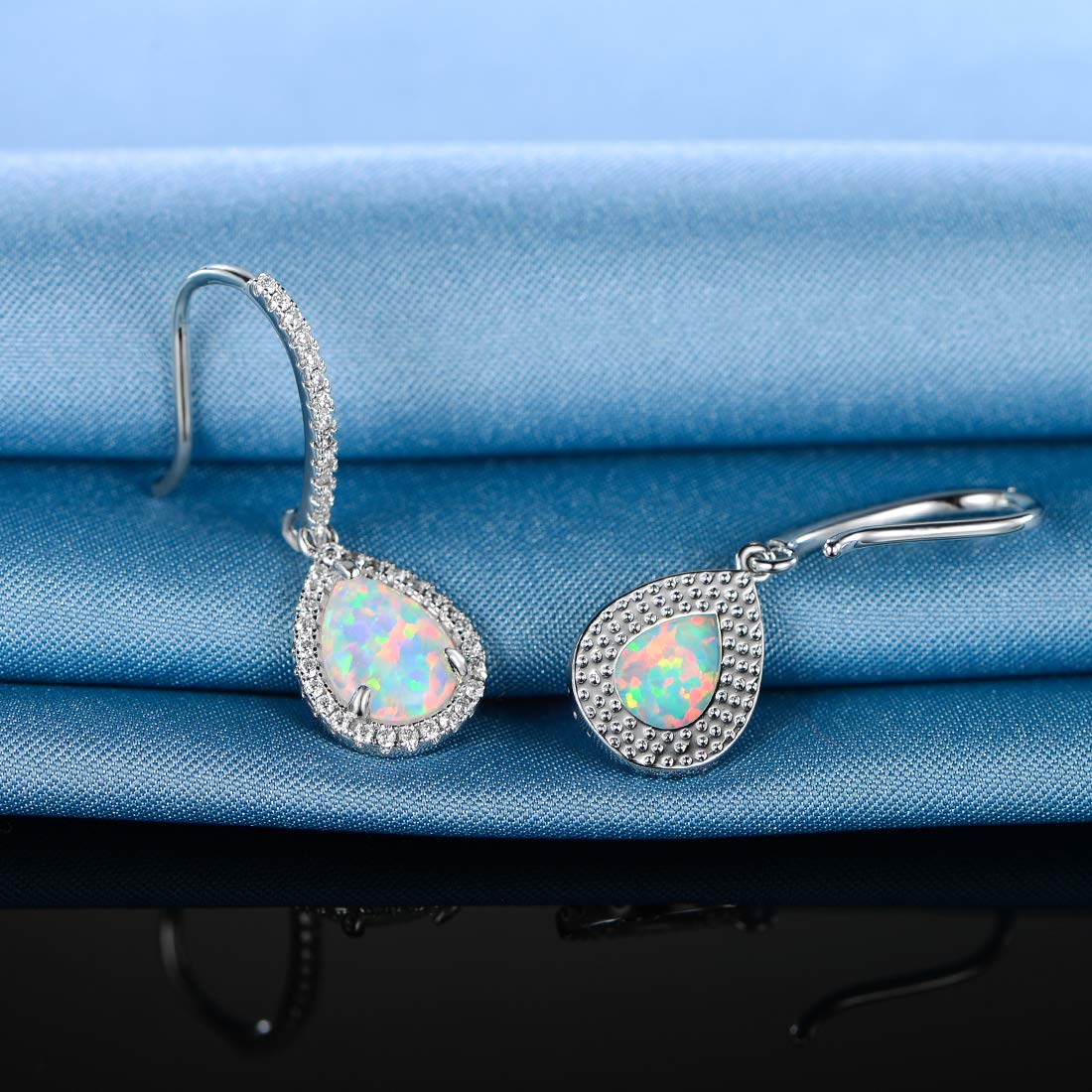 Gemsme 18K White Gold Plated Teardrop Opal and Cubic Zirconia Created Dangle Earrings For Women