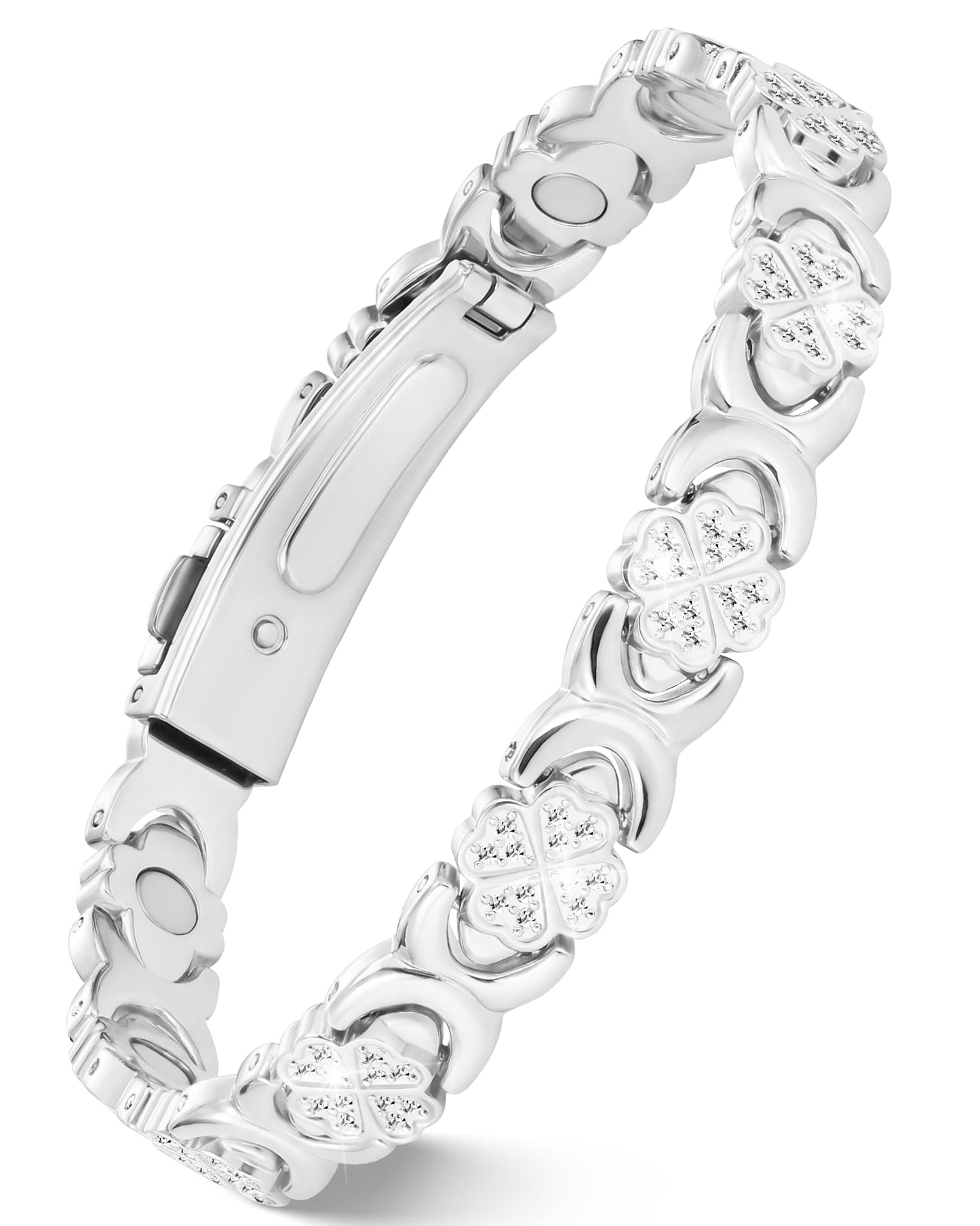 Feraco Pure Copper Bracelets for Women, Ultra Strength Magnetic Bracelet for Women with 3800 Gauss Magnet & Sparkling Cubic Zirconia, Copper Jewelry Gift, Infinite Clover (Silver)