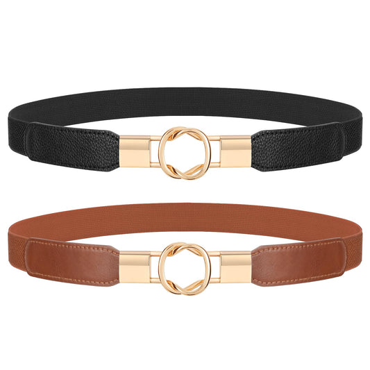 JASGOOD 2 Pack Women Retro Elastic Stretchy Metal Buckle Skinny Waist Belt 1 inch Wide