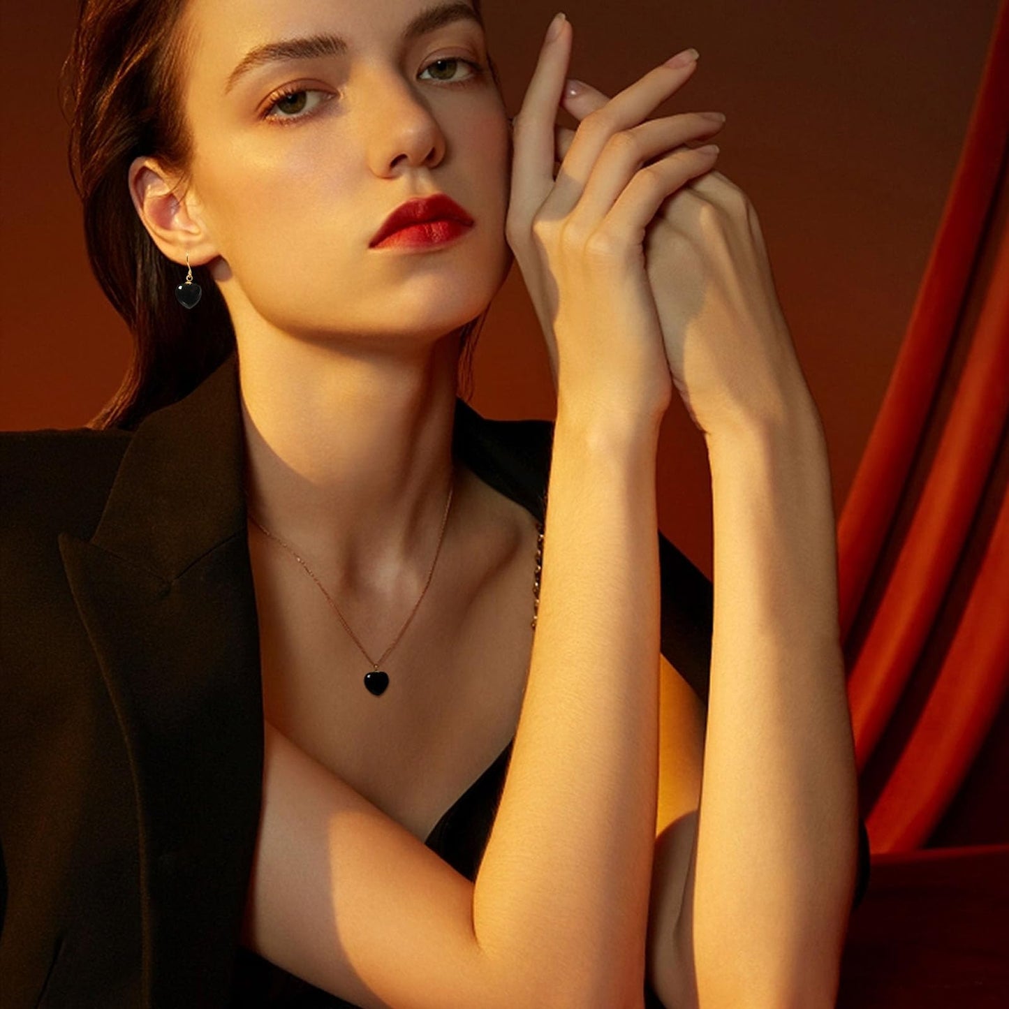 TaYolnFaSo Natural Heart Black Agate Jewelry Set for Women Dainty Cute 18K Gold Plated Black Onyx Earrings and Necklace Set Birthday Gifts