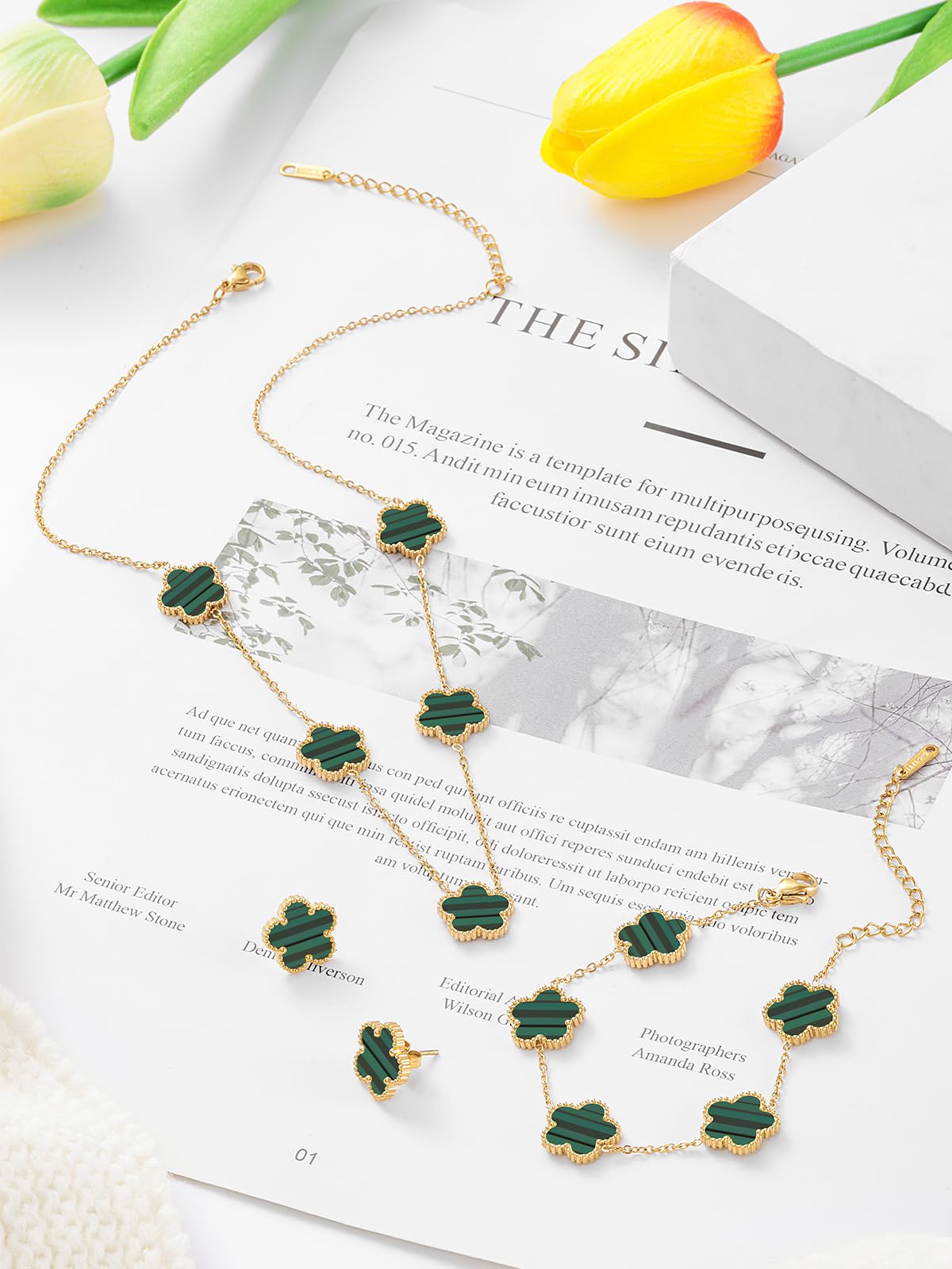 Qinpan Five Leaf Clover Necklace Bracelet and Stud Earrings Set for Women Lucky Flower Jewelry (Green Stripe-14K Gold Plated)
