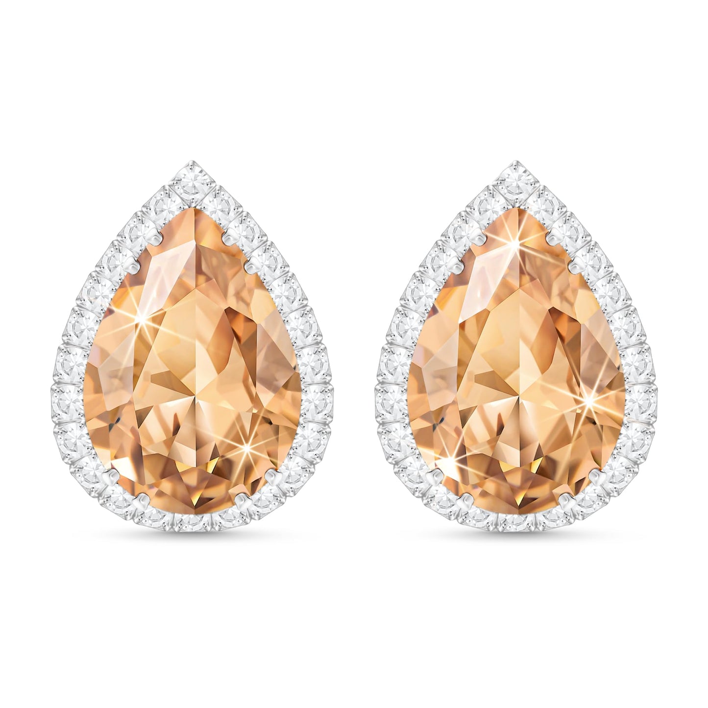 Linawe Silver Color Champagne Orange Rhinestone Stud Earrings for Women Trendy, CZ Cubic Zirconia Birthstone Tear Drop Gem Stone Earrings Stud, Pear Shaped Birthstone Fake Diamond Costume Jewelry