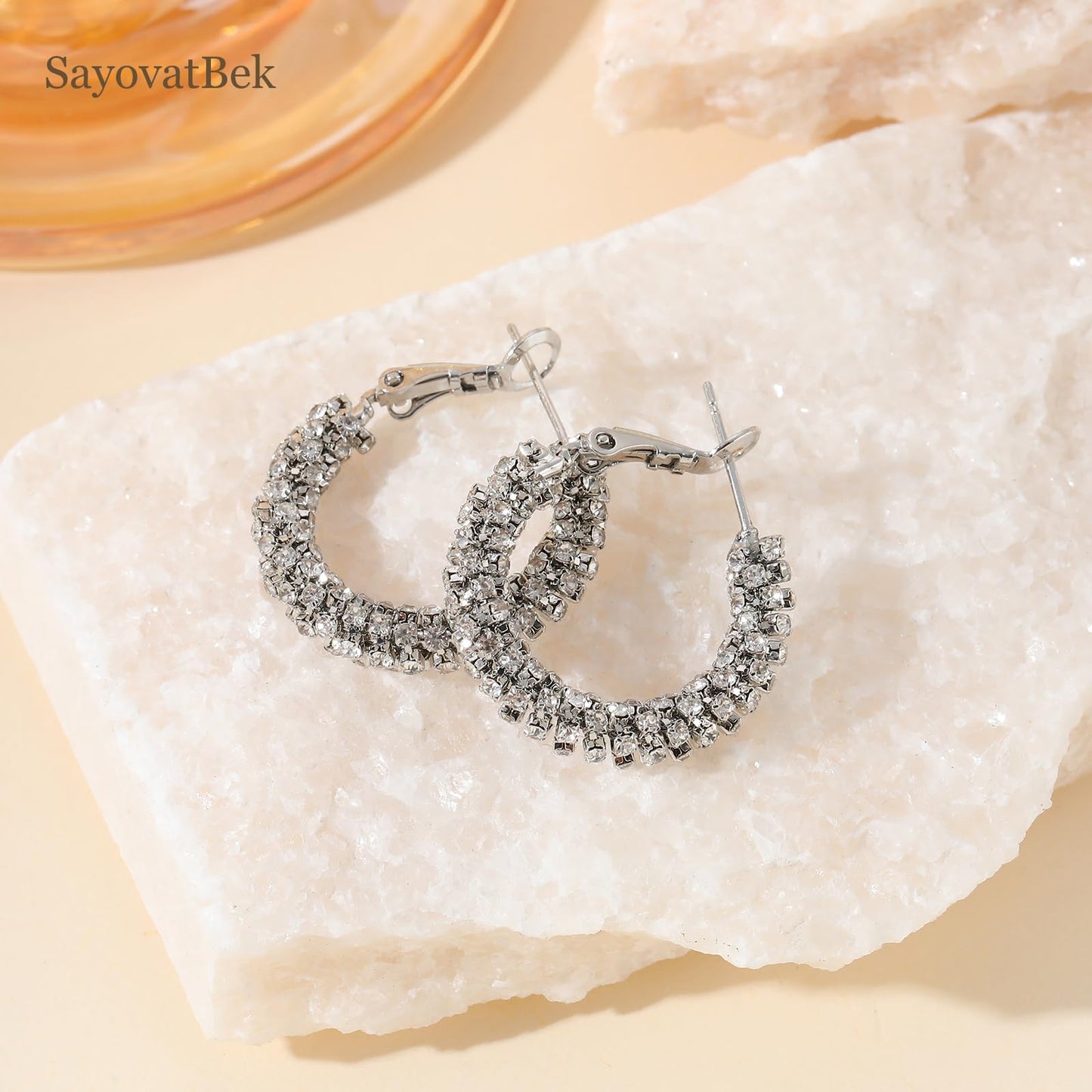 SayovatBek 14K Gold Plated 25–35mm Lightweight Hoop Earrings for Women, Cubic Zirconia, 925 Sterling Silver Post, Hypoallergenic Jewelry