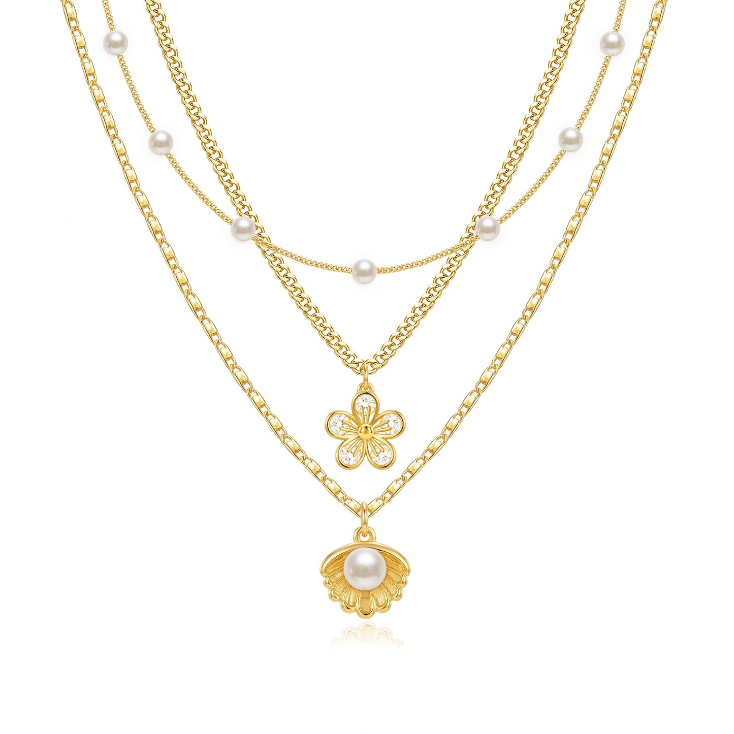 Zeffy Gold Layered Necklace for Women, Dainty Pearl Beaded Chain with Flower Pendant and Seashell Pearl Necklace, Trendy Multi Layer Choker Necklace Beach Jewelry