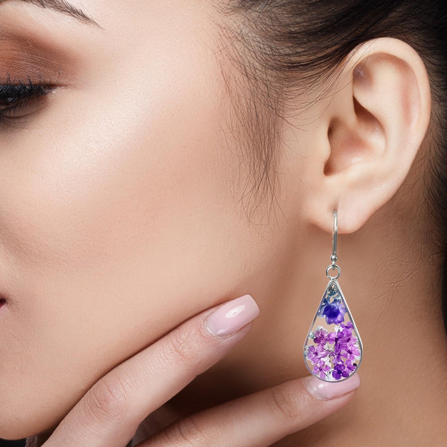 925 Sterling Silver Pressed Flower Teardrop Earrings,Hypoallergenic Women's Jewelry Gift for Mom,Handmade natural dried flower teardrop earrings Jewelry Gift (Star Flower Purple)