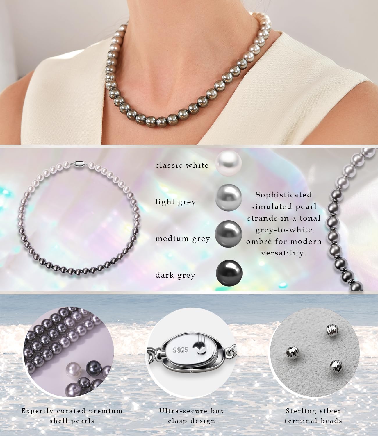 Raneecoco HYPER LUSTER Sterling Silver 8mm Round Ombre Gray Simulated Pearl Necklace for Women | Dainty 18 inch Pearl Choker Necklace | Gift Ready for Wedding