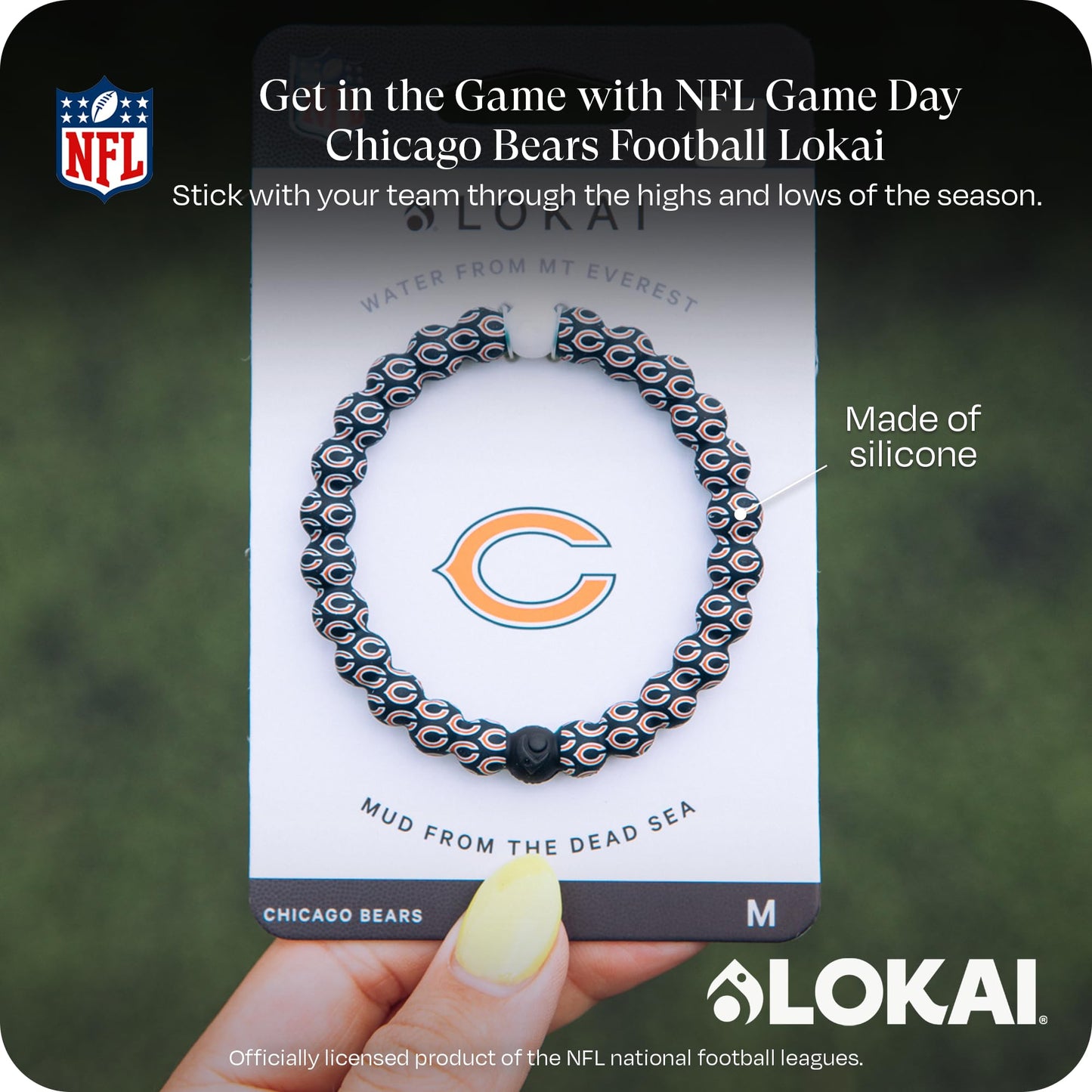 Lokai Silicone Beaded Bracelet for Men & Women, NFL Football Collection - Chicago Bears, Logo, Medium - Silicone Jewelry Fashion Bracelet Slides-On for Comfortable Fit