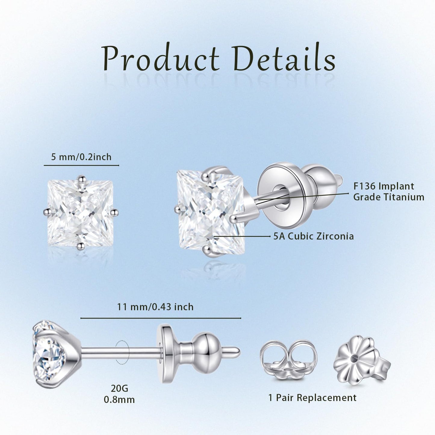 Limerencia G23 Pure Titanium Earrings F136 Implant Grade Titanium Studs 20G Hypoallergenic Round Cubic Zirconia/Princess-Cut/Square/Ball Earrings for Women Men Sensitive Ears(5mm Square CZ)