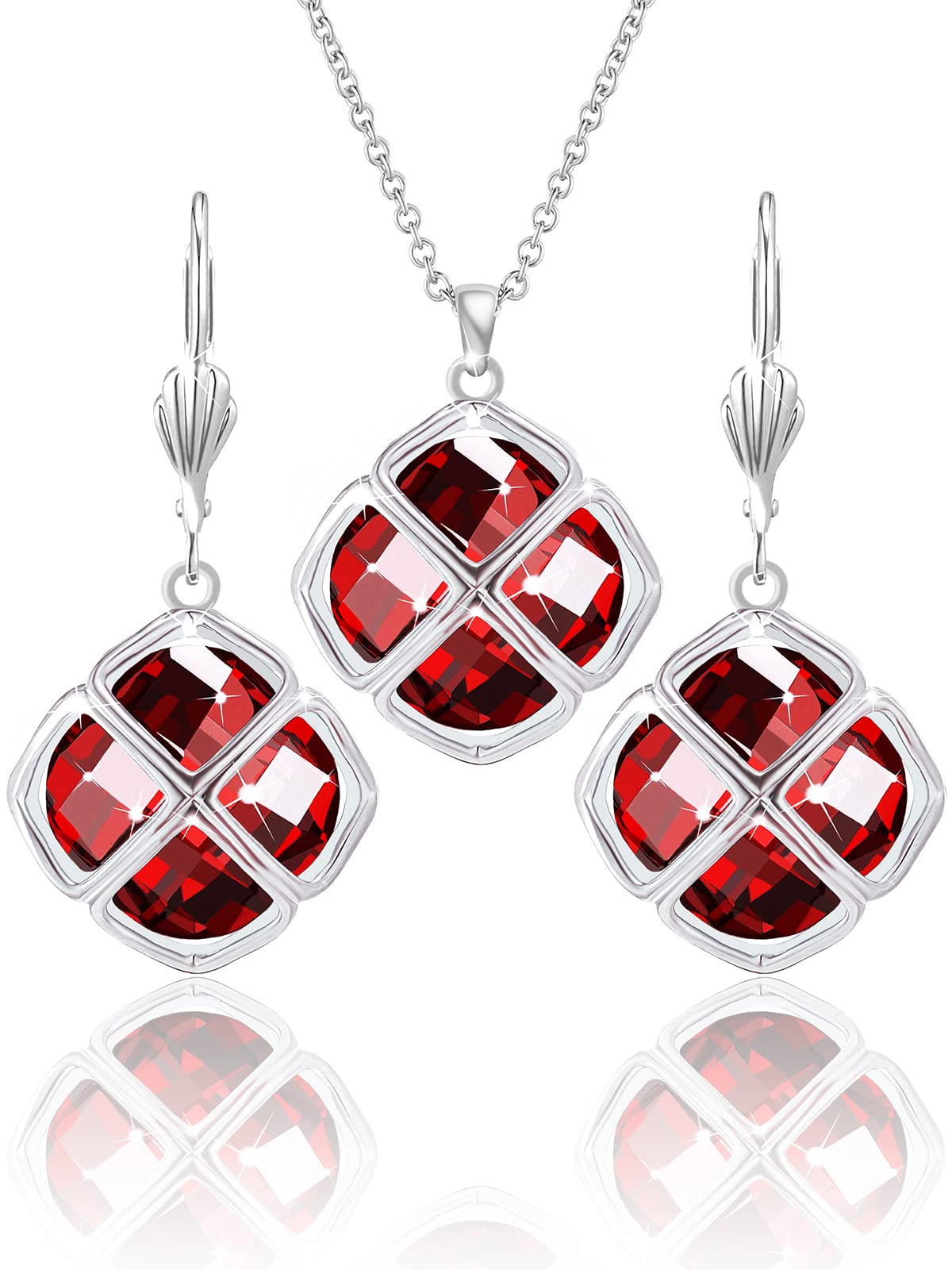Qinpan 14MM Crystal Pendant Dangle Necklace Earrings Sets for Women Glod Plated Costume Jewelry, 38*17.8mm, Platinum, Garnet