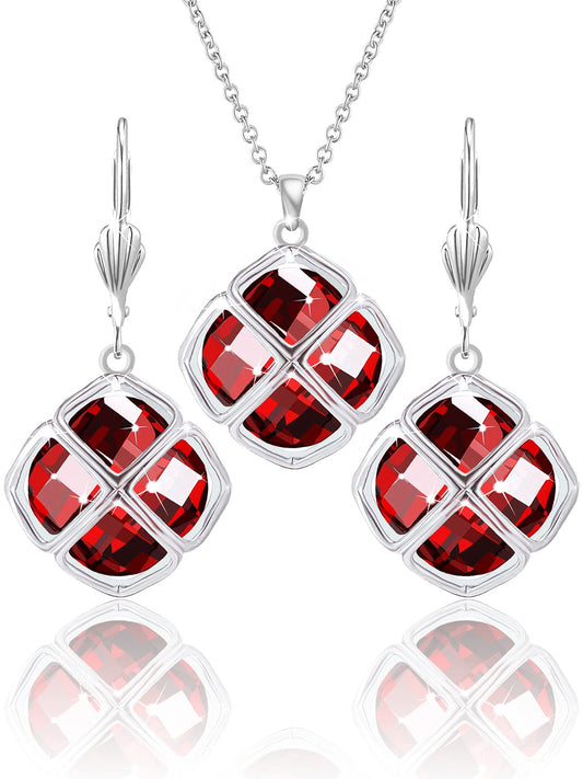Qinpan 14MM Crystal Pendant Dangle Necklace Earrings Sets for Women Glod Plated Costume Jewelry, 38*17.8mm, Platinum, Garnet