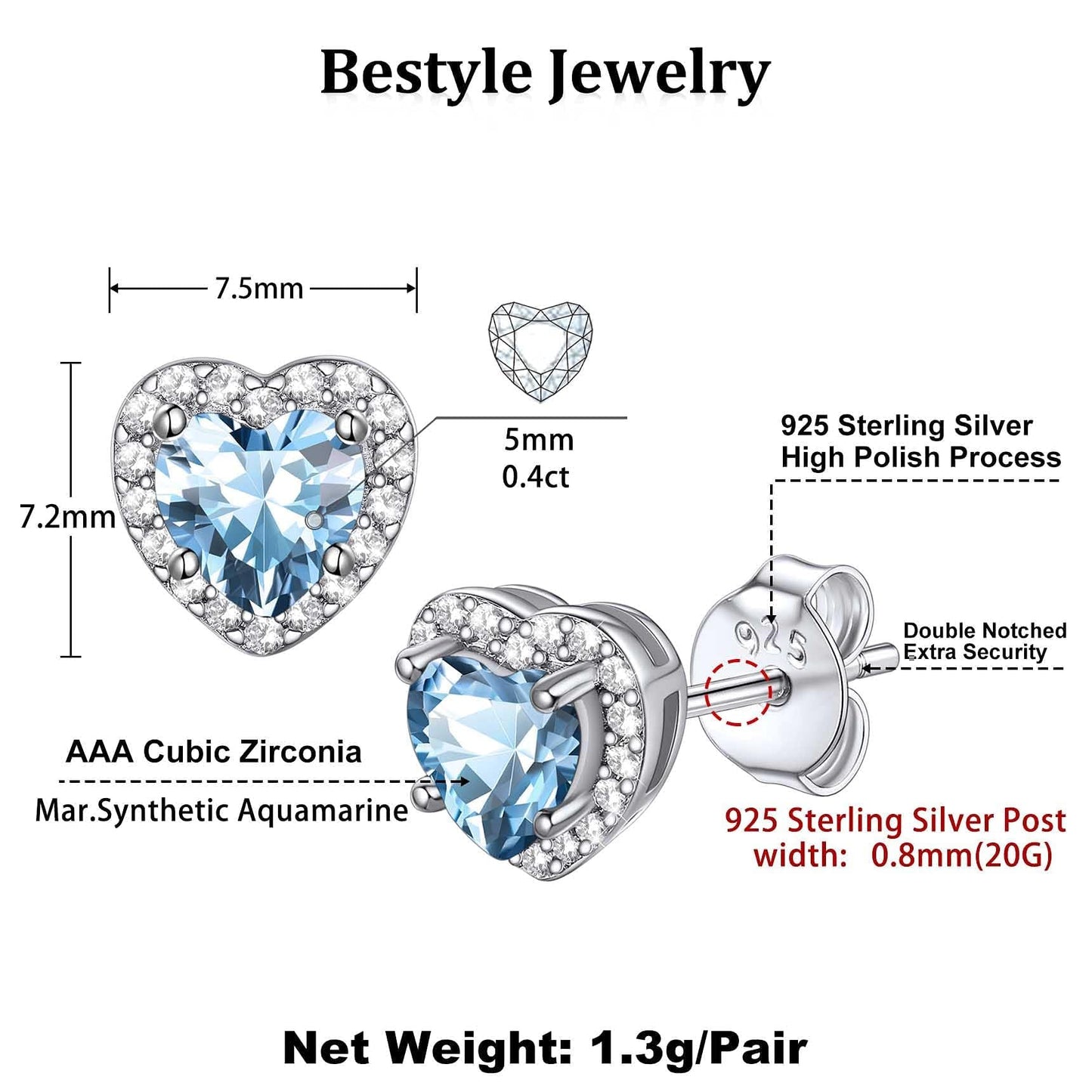 Bestyle 925 Sterling Silver Love Heart Cubic Zirconia Earrings March Aquamarine Birthstone Stud Earrings for Women, Hypoallergenic Earrings for Sensitive Ears