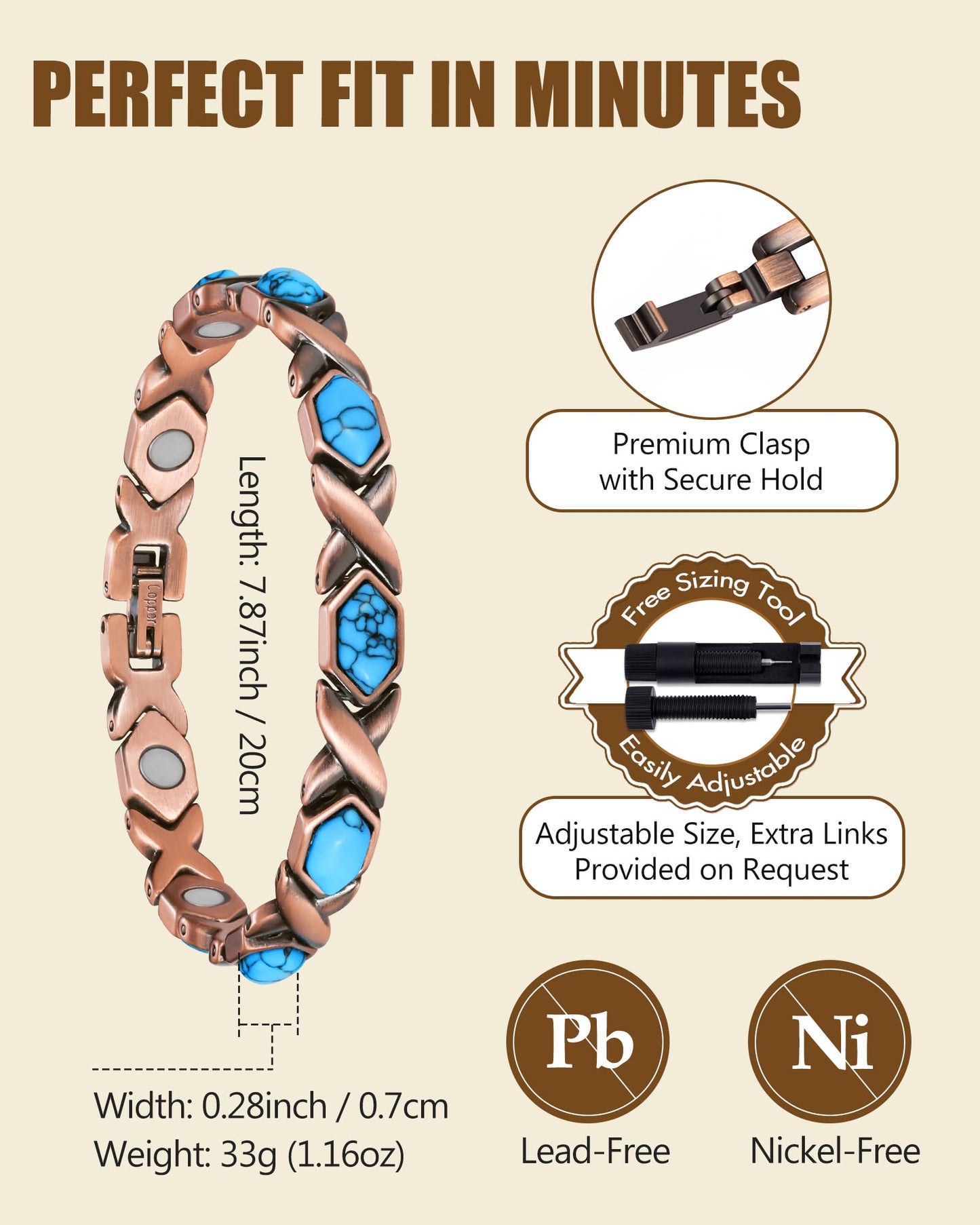 Feraco Pure Copper Bracelets for Women, Ultra Strength Magnetic Bracelet with 3800 Gauss Magnets & Natural Turquoise & Stones, Adjustable, Jewelry Gift (Ocean Whisper)