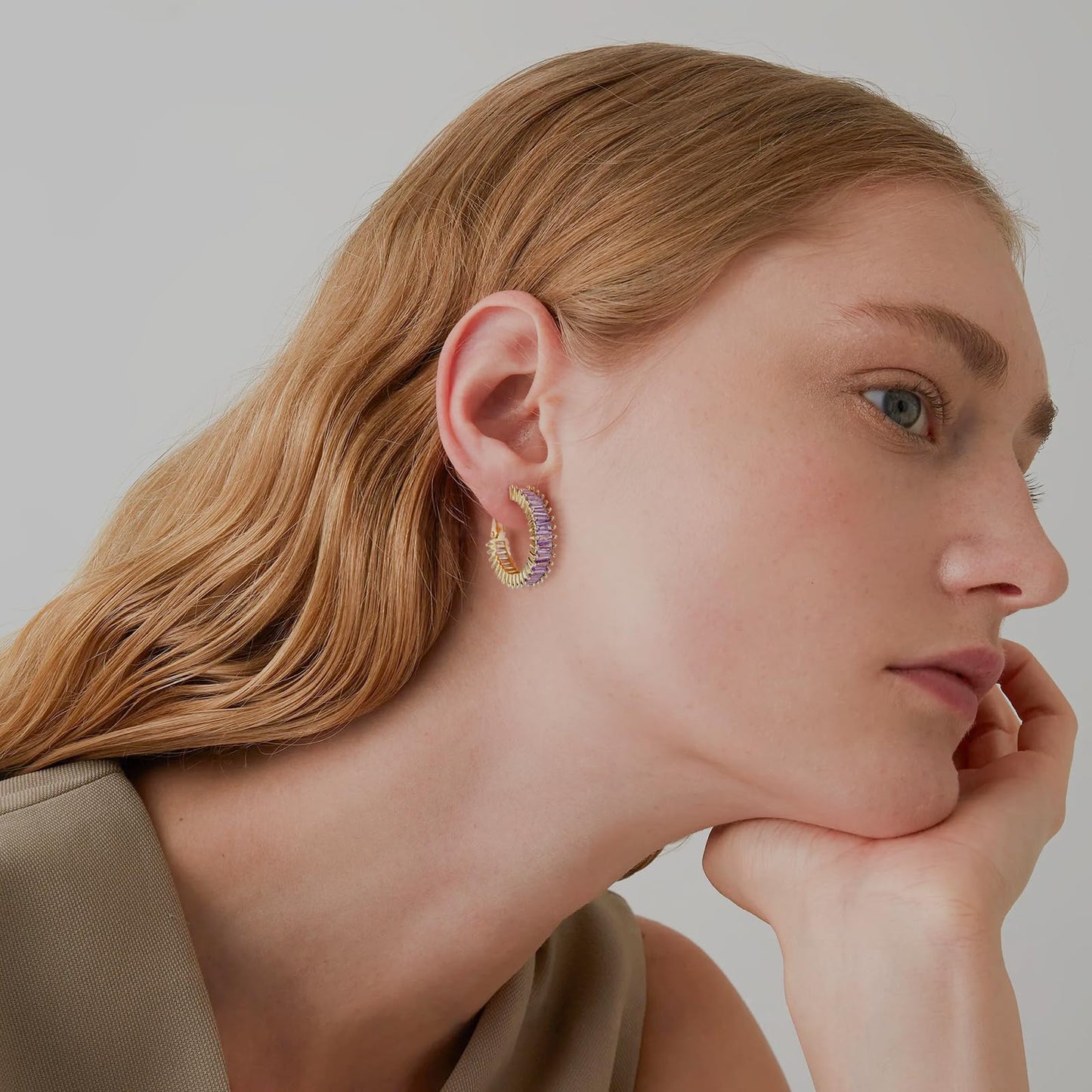 GLOQUAT Gold Purple Hoop Earrings 14K Gold Plated Amethyst Earrings for Women Purple Rhinestone Earring Lavender Earring Round Circle Hoops Vintage Baguette Cubic Zirconia Hoop Jewelry for Women 25mm