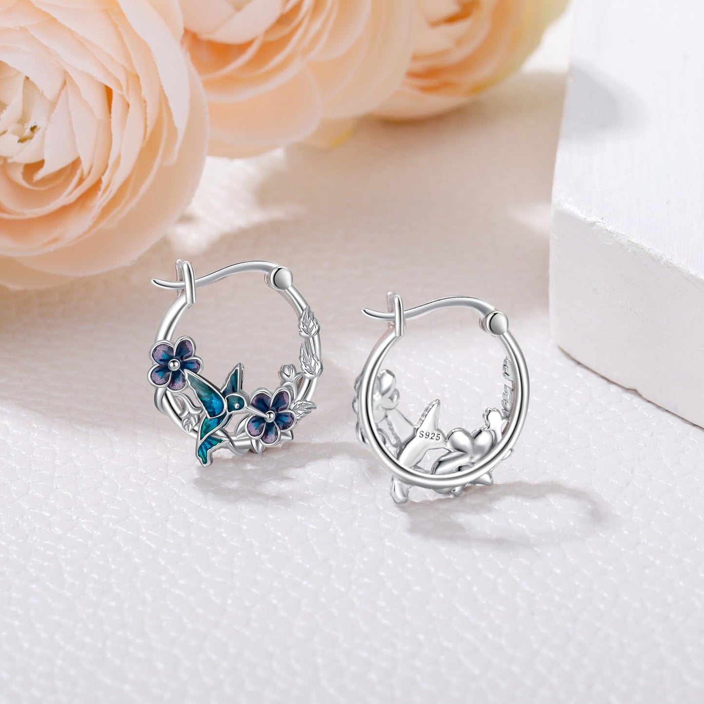 JUSTKIDSTOY Hummingbird Earrings for Women Girls 925 Sterling Silver Bird Flower Hoop Earrings Jewelry Hummingbird Graduation Gifts for Daughter Her