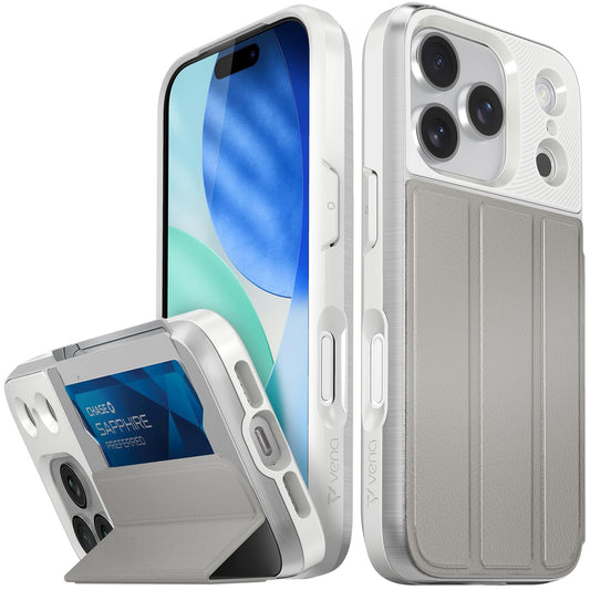 VENA vCommute for iPhone 17 Pro Wallet Case, [Military Grade Drop Protection] Flip Leather Cover Slot Card Holder with Kickstand - Nude Beige
