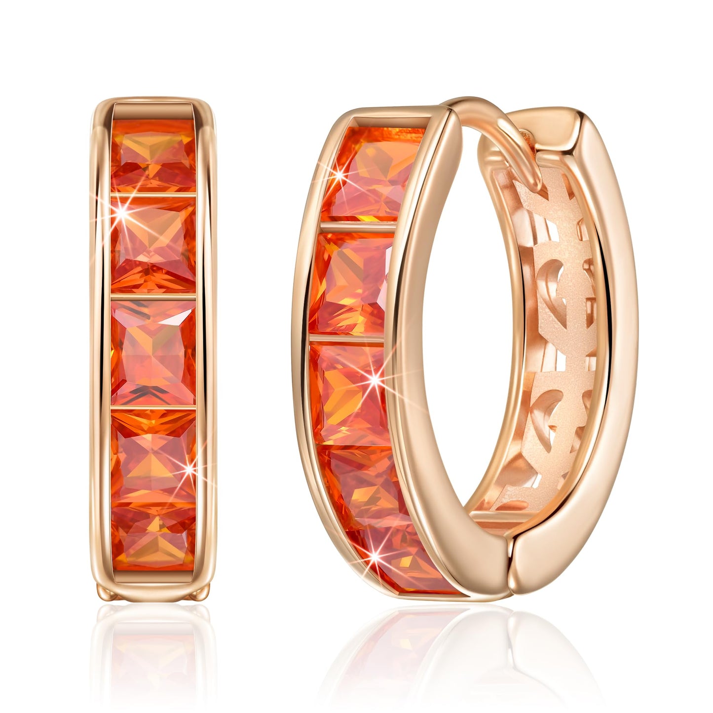 Linawe Hoop Huggie Earrings for Women, Rose Gold Cartilage Helix Tragus Piercing Jewelry, Orange Cubic Zirconia Imitation Diamond Rhinestone Crystal Stud Earrings Dainty Small Hoops