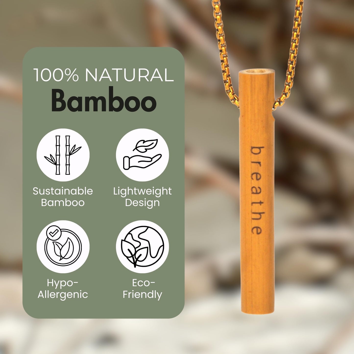 MyCalmAir Bamboo Breathing Necklace for Meditation, Mindfulness Tool, Stress Reducer, Eco-Friendly Breathe Pendant, Portable Relaxation Gift for Men & Women (Black)