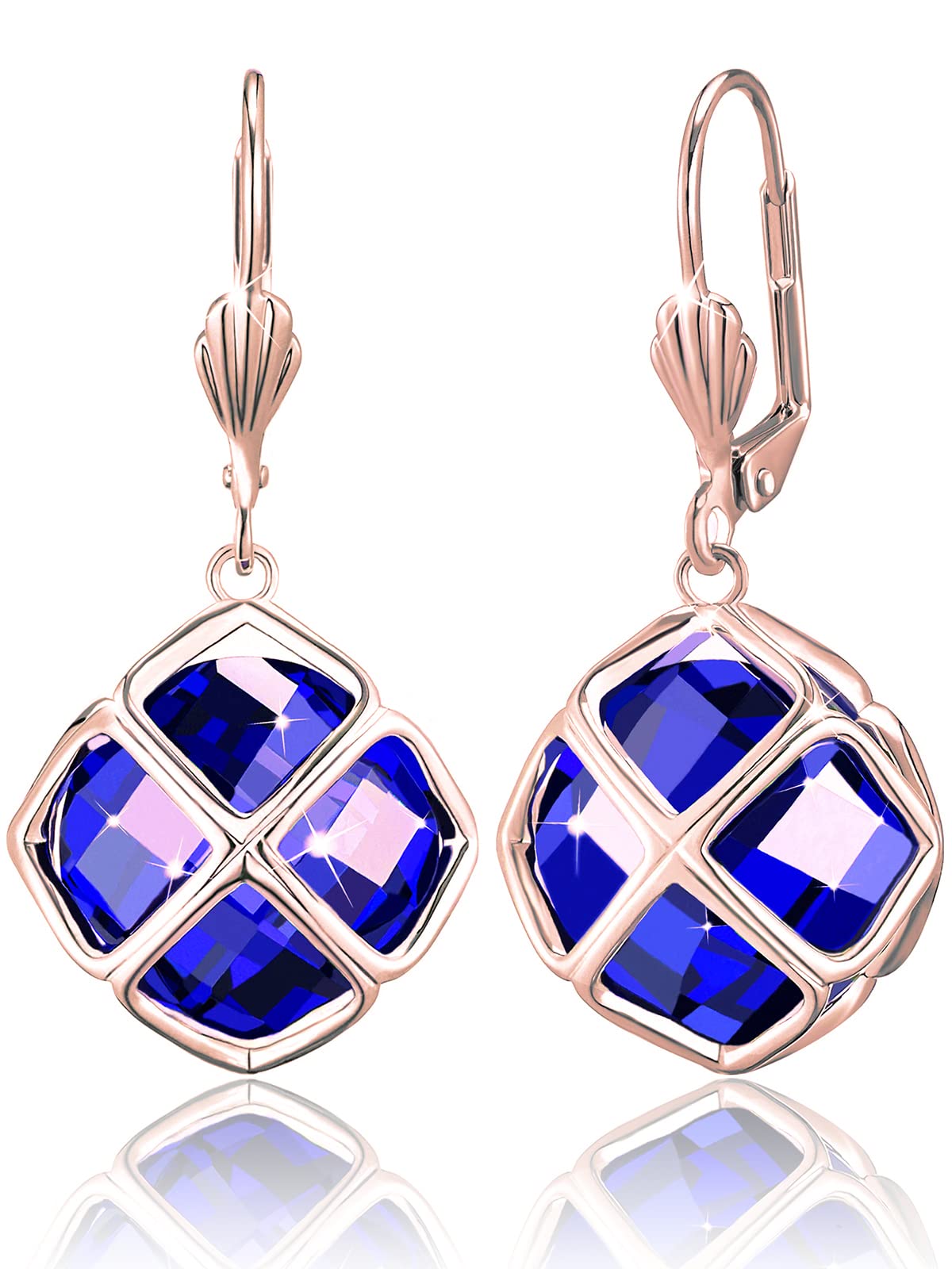 Big Dark Blue Crystal Dangle Earrings for Women (Sept-Sapphire-Rose Gold)