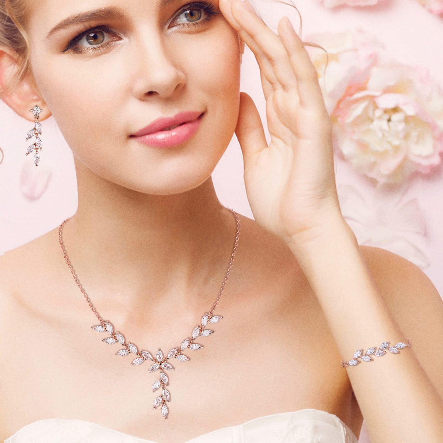 EVER FAITH Wedding Cubic Zirconia Jewelry Sets for Bride Bridesmaid, Sparkly Marquise Leaf Necklace Dangle Earrings Bracelet Set for Woman Clear Rose Gold-Plated-Brass