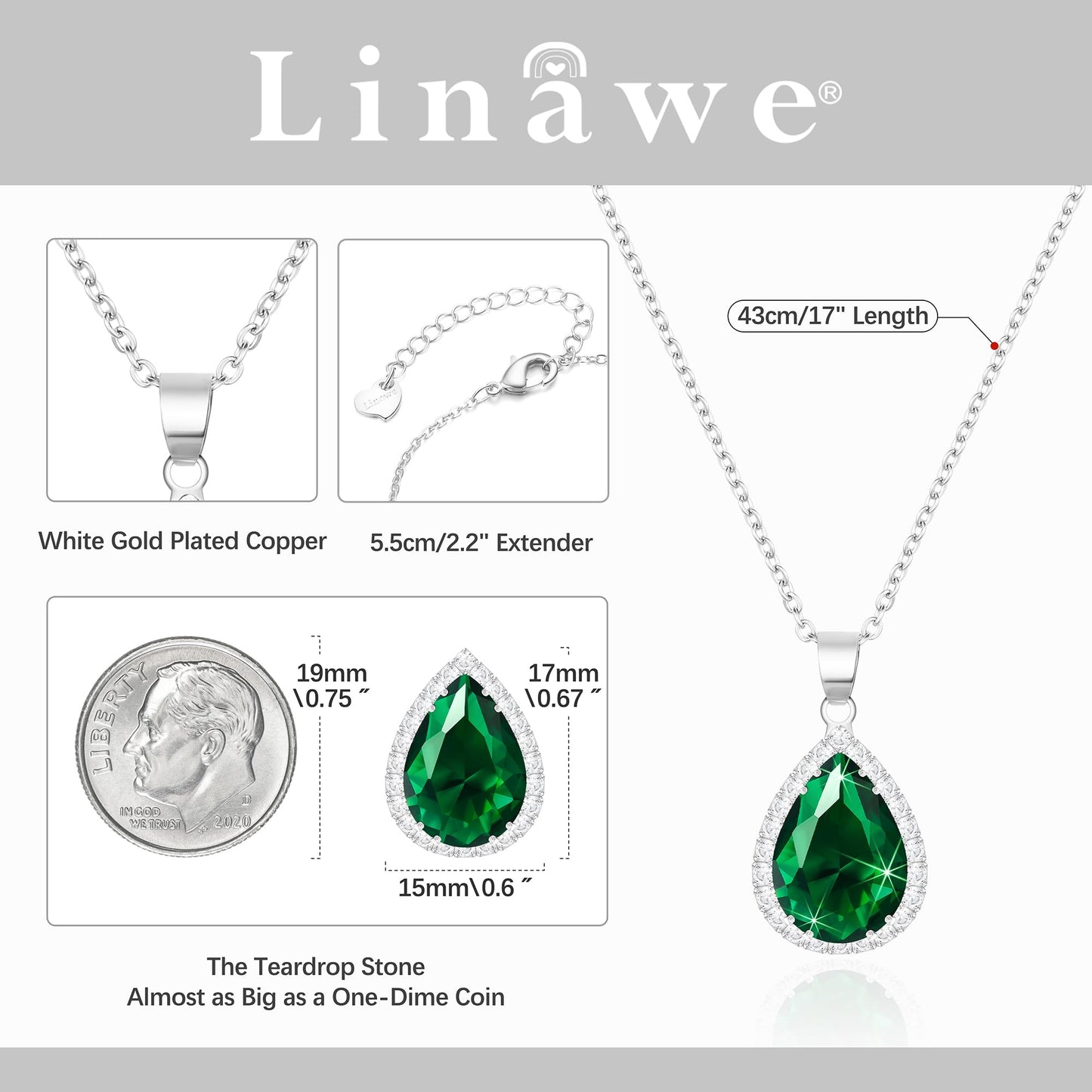 Linawe Emerald Green Crystal Silver Necklace for Women Trendy, Imitation Diamond Pendant Chain Necklace, Cubic Zirconia Birthstone Rhinestone Teardrop Boho Jewelry Set