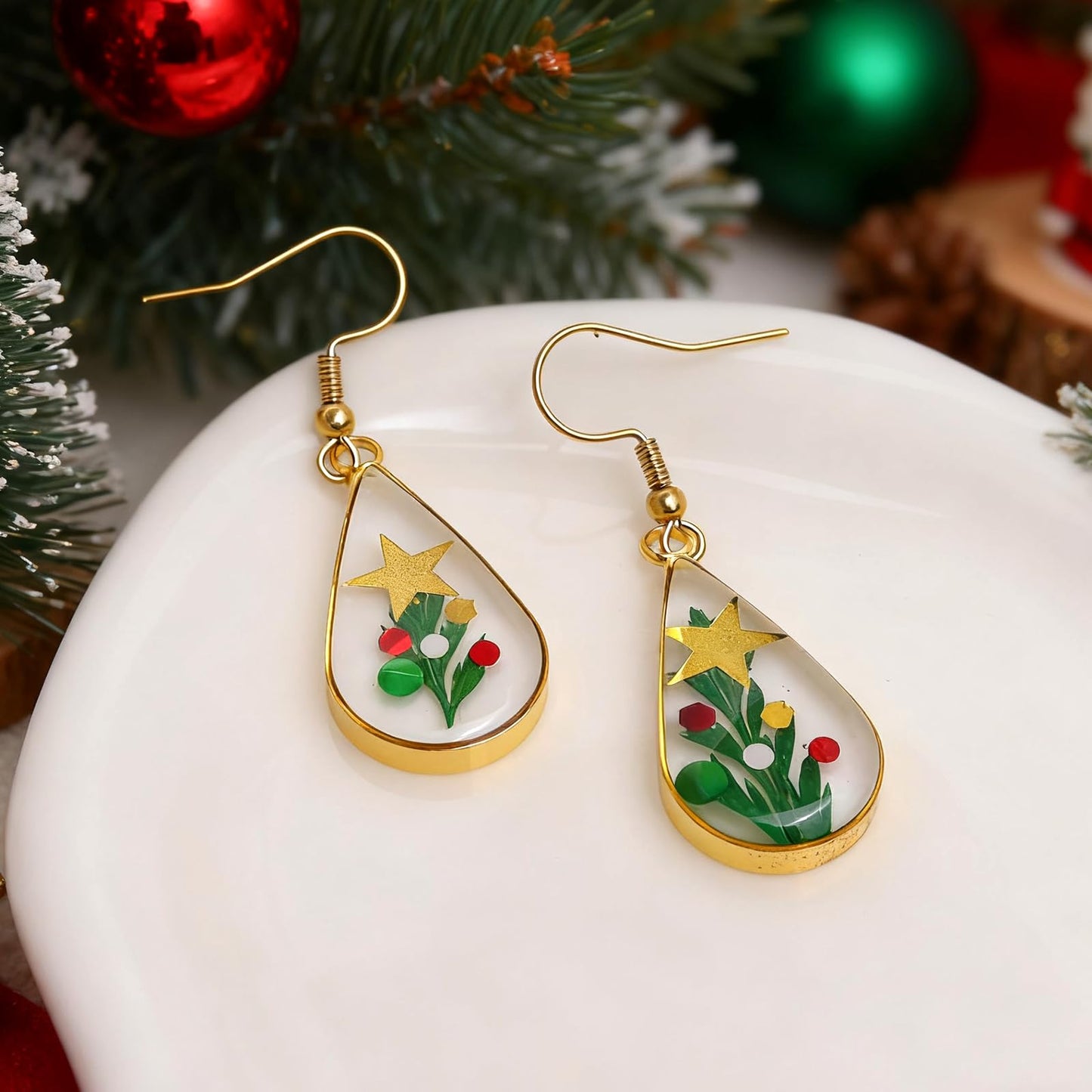 Jean Beau Handmade Pressed Leaf Earrings for Women, Unique Resin Star Green Dried Leaves Gold Plated Teardrop Dangle Drop Nature Floral Earings Fashion Summer Christmas Jewelry Gift