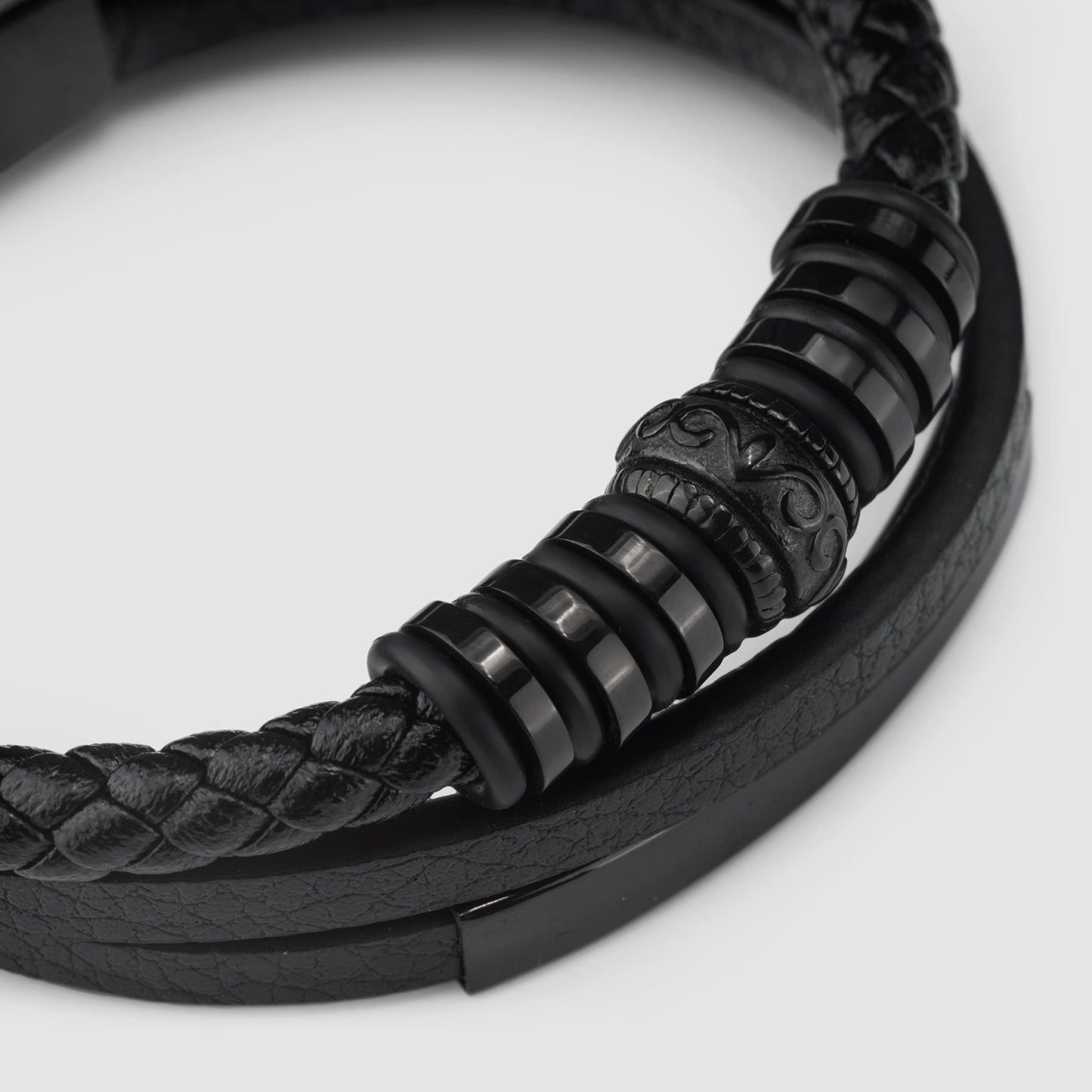SERASAR 8″ Black Leather Bracelets for Men Mens Cowhide Gift Box Braided Bracelet Stainless Steel Jewelry Wrist Band Cuff Wrap Rope Bangle Dad Man Pulseras para Hombres Cuero Regalo