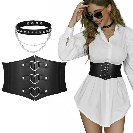 JKEEMI Women Corset Belt With Black Choker Set，Heart-Ring Wide Elastic Waist Goth Leather Corset for Daily Cosplay Halloween Costume Gifts