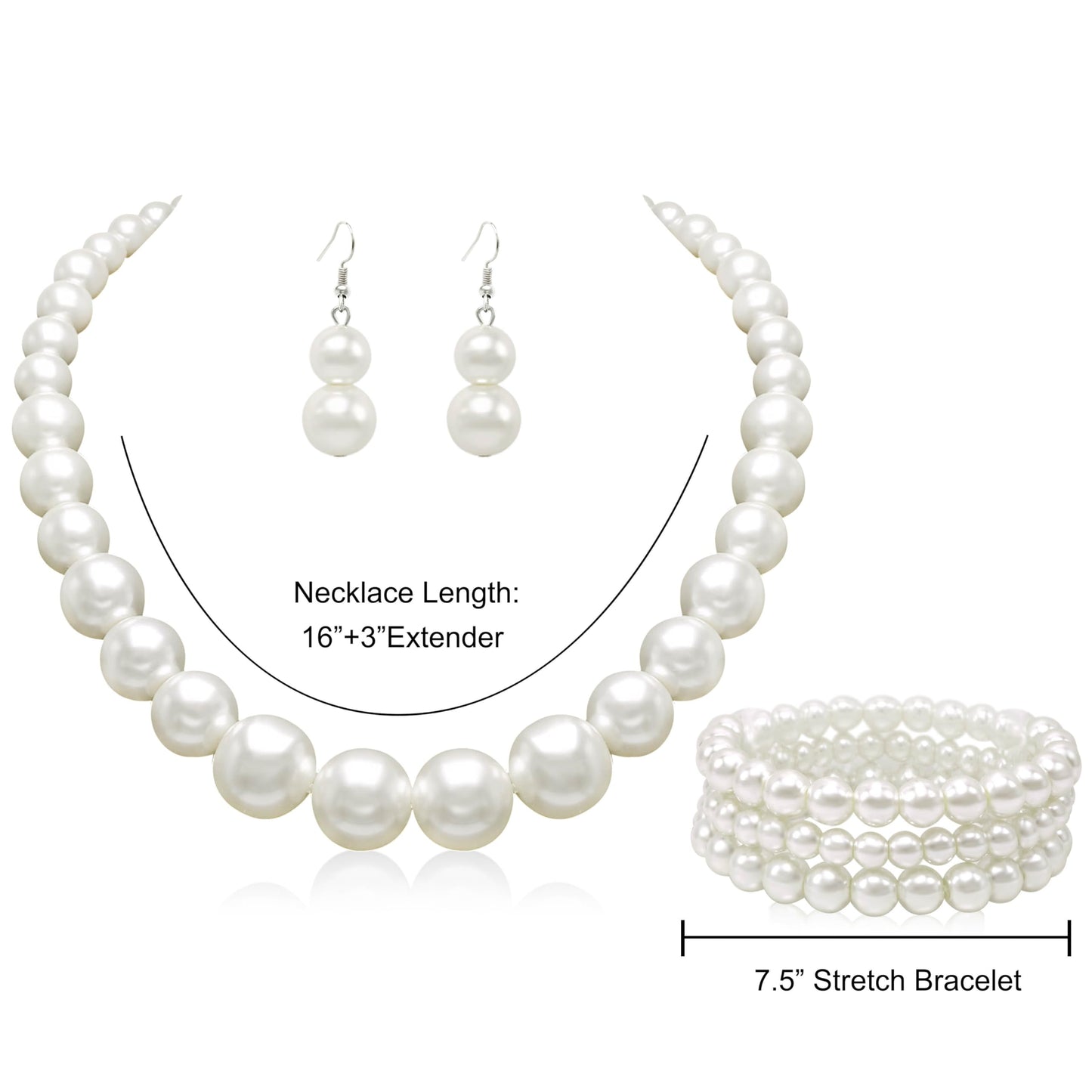 Cryshimmer Pearl Necklaces Earring Bracelets for Women Faux Pearl Beads Strand Collar Necklace Costume Jewelry Set(Cream White)