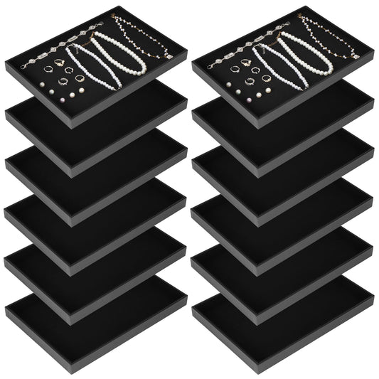 YEXEXINM 12 Pcs Velvet Stackable Jewelry Tray Showcase Display, Jewelry Organizer Trays for Drawers and Countertop, Black Empty Plates for Necklace, Ring, Bracelet, and Earring Storage Display
