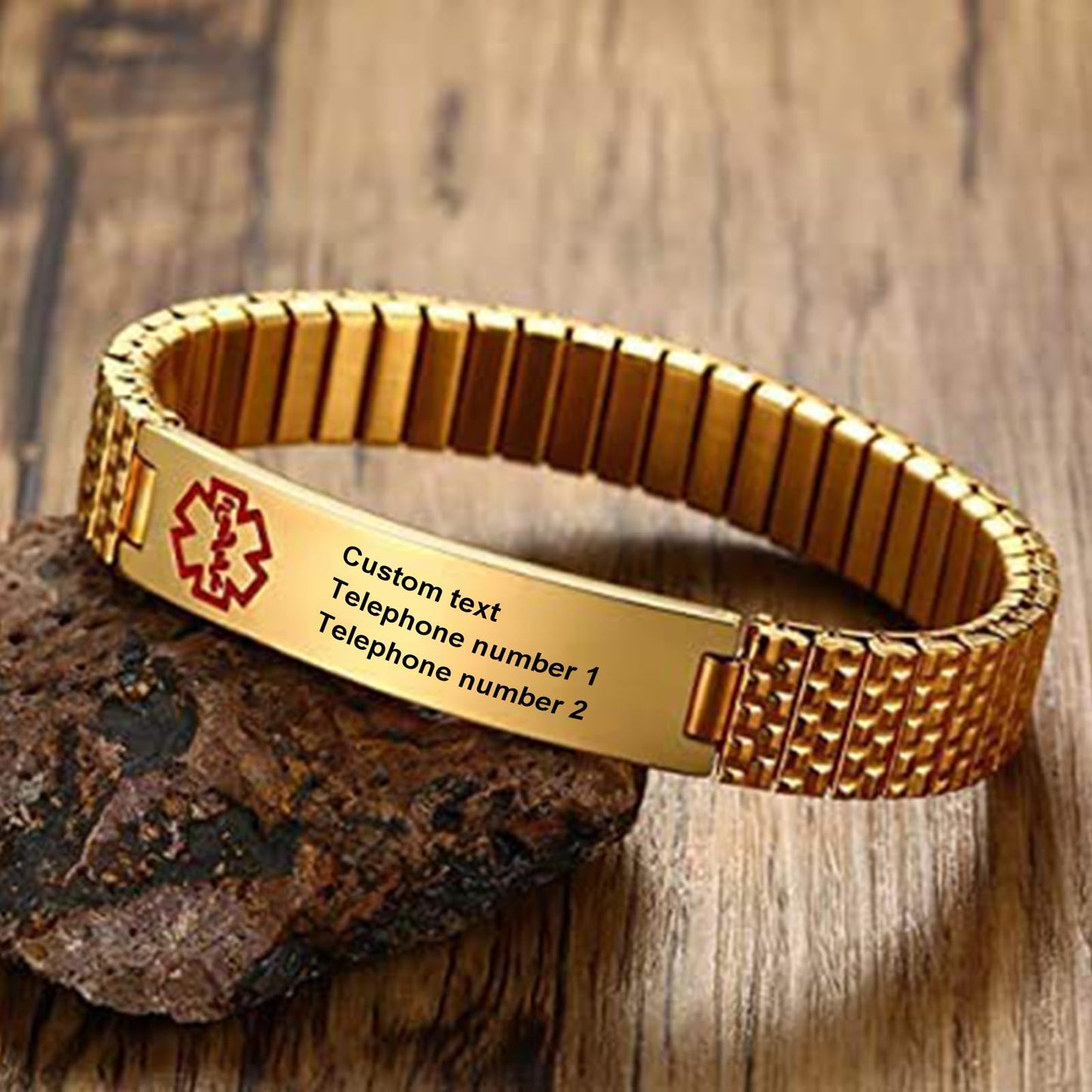 Personalized Medical ID Bracelets for Men - Custom Emergency Alert Bracelet for Women Engraved Medic Info Elastic Stainless Steel Bracelets for Family Autism Allergy Diabetic Epilepsy (Gold, 18cm)
