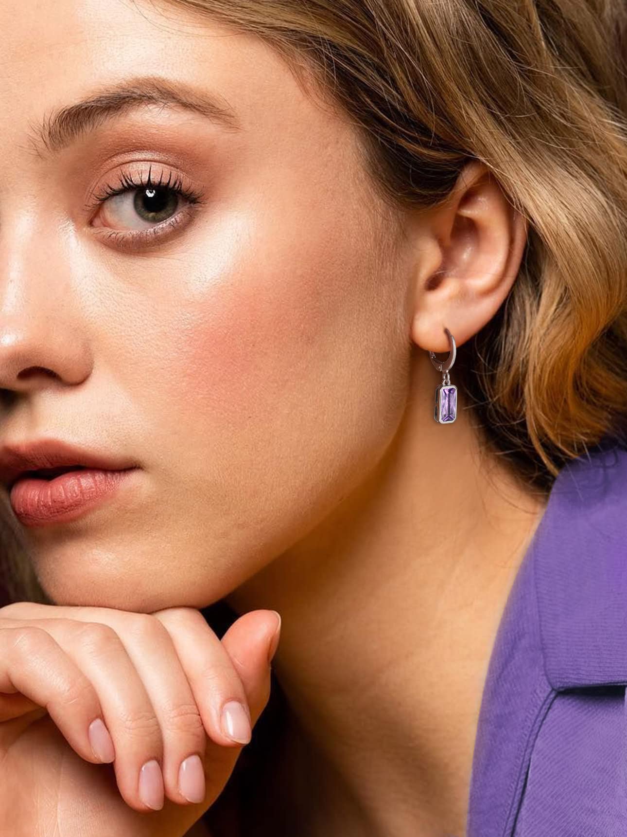 Bestyle Created Alexandrite Purple Drop Birthstone Earrings for Women - Baguette Earrings Small Silver Dangle Hoop Earrings for Women - Dainty Cute Earrings for Birthday Wedding Party