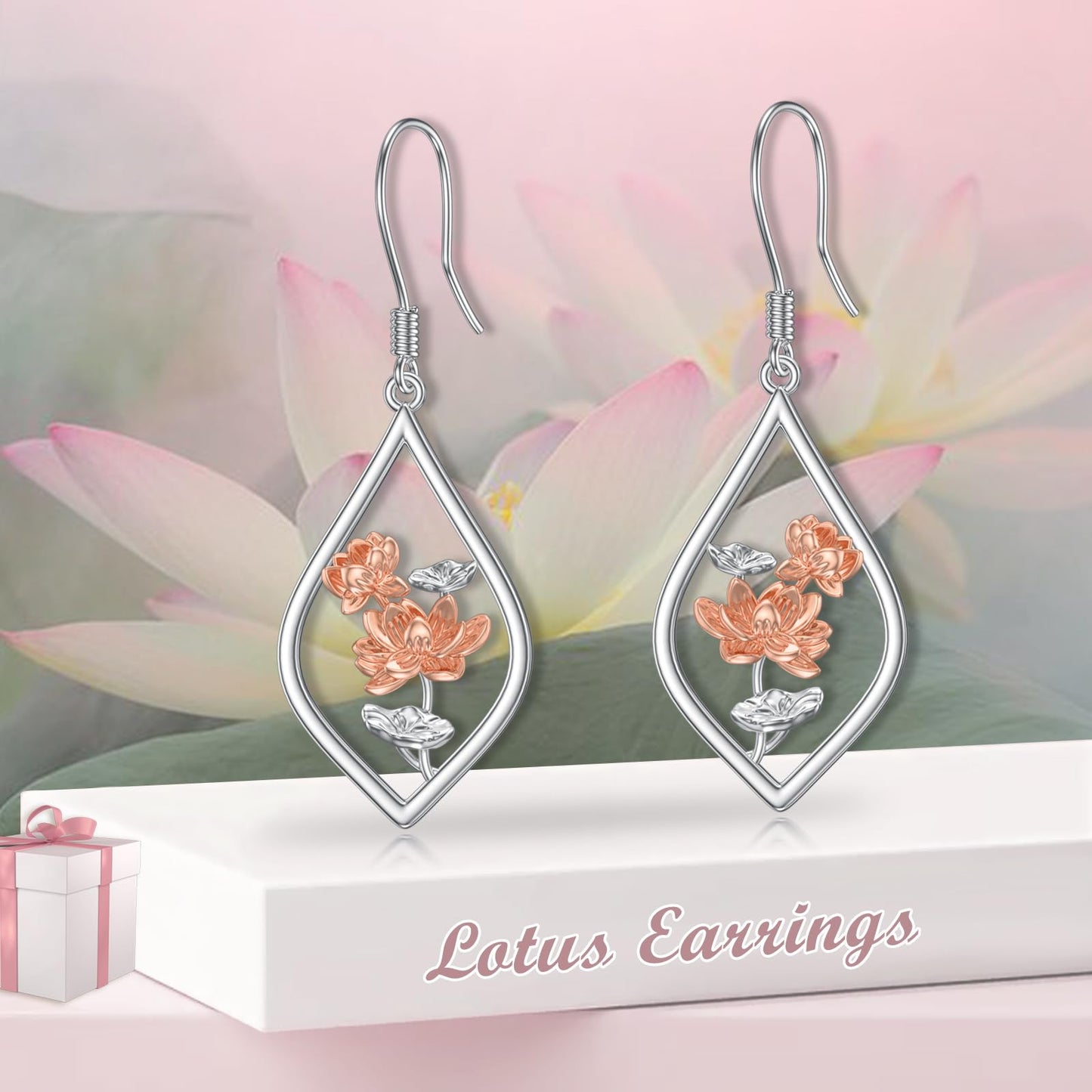 Lotus Earrings Sterling Silver Lotus Flower Floral Dangle Dangling Drop Earrings Boho Yoga Jewelry Gifts for Women