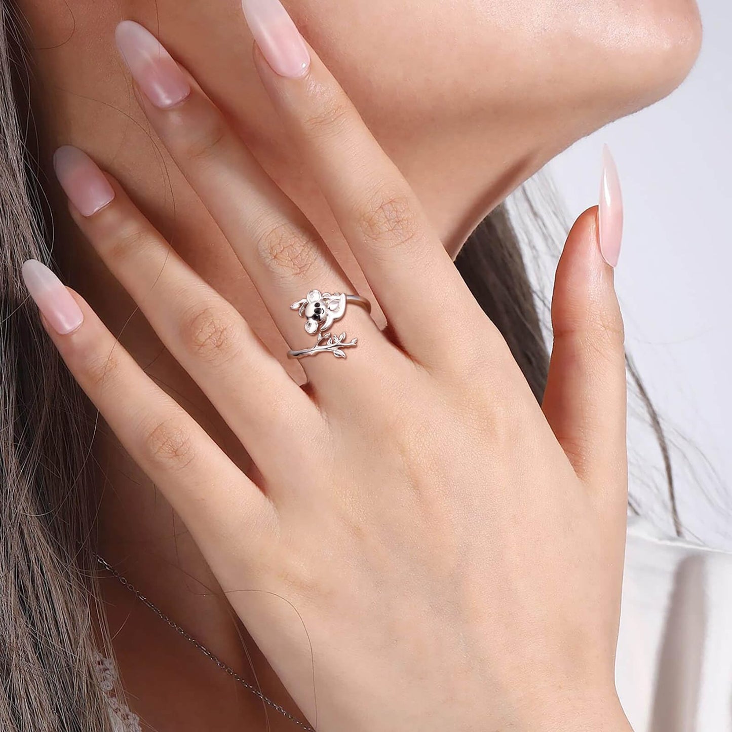 Zepmais 925 Sterling Silver Animal Ring - Adjustable Open Owl Axolotl Rings with Heart Cubic Zirconia Opal Cute Animals Jewelry Gifts for Women (Koala)