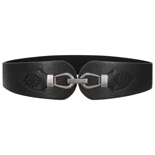 Womens Western Wide Waist Belt for Dress Vintage Stretchy Elastic Belt with Chunky Silver Buckle (Black)