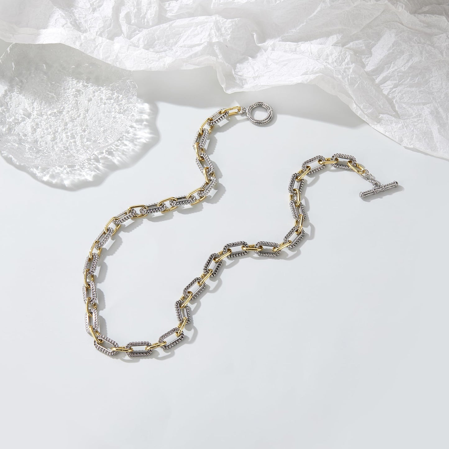 Mytys Women's Link Necklace 18k Gold Plated Double Twist Wire Gold and Silver 2 Tone Chain Necklaces Christmas New Year Jewelry (Short Gold & Silver 7)