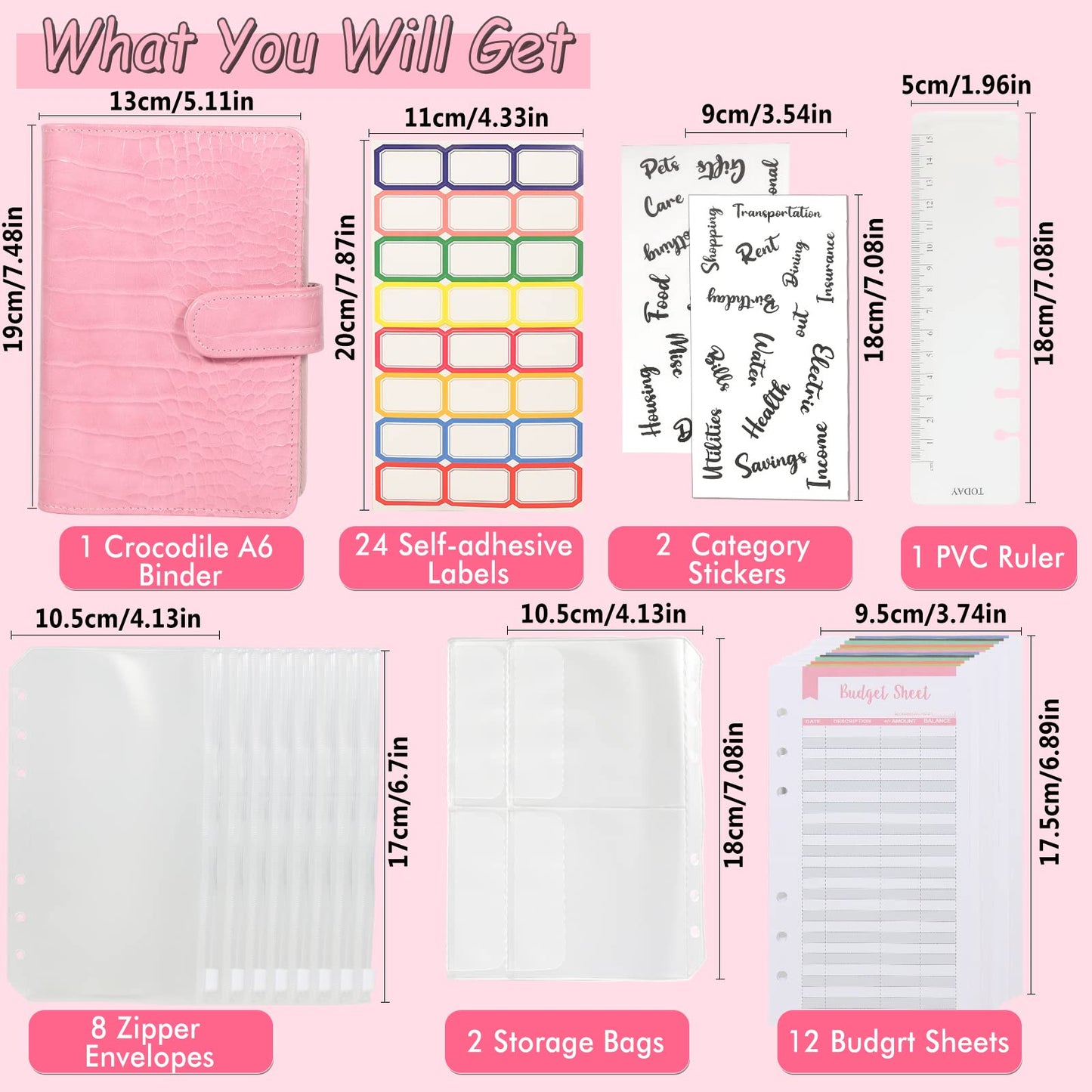 Budget Binder with Zipper Envelopes - Crocodile Pattern Leather Money Organizer, Cash Saving Book Budgeting Planner, Cash Stuffing Folder Envelope System, A6 Bill Binders with Pockets, Pink