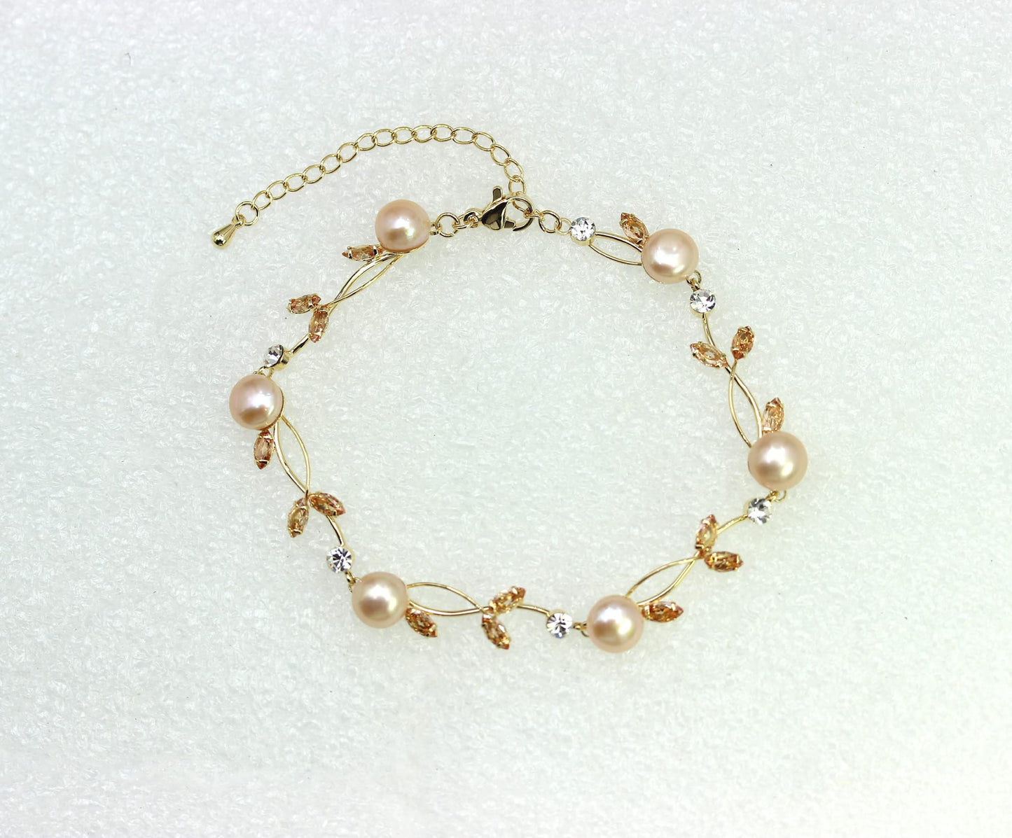 Faship Champagne CZ Crystal Genuine Freshwater Pearls Floral Bracelet 7.5" - 9.5" - Topaz Color Brown/Matching Bracelet
