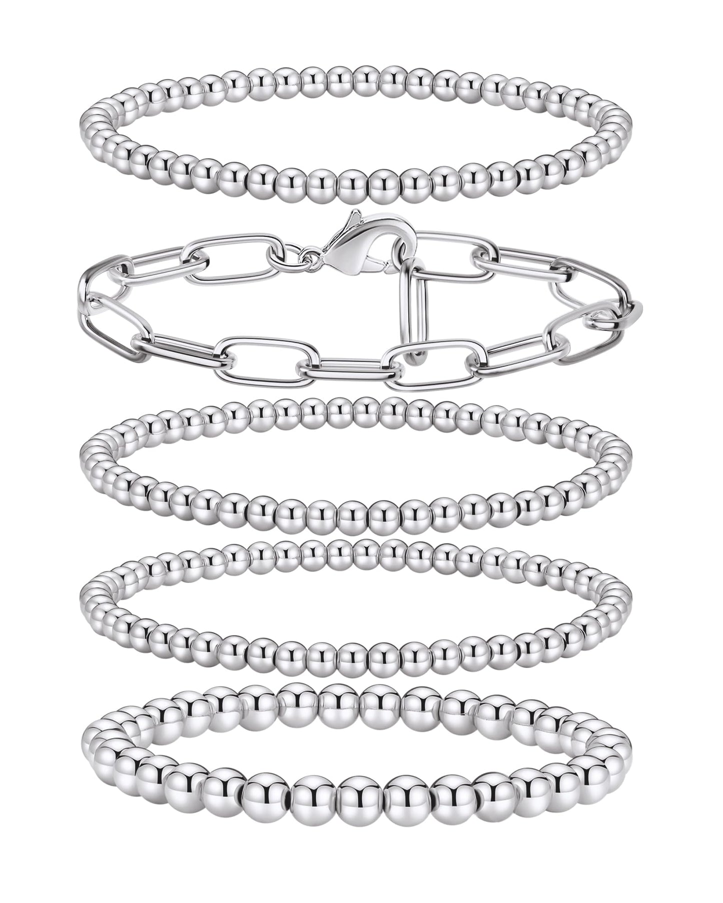 shownee Sliver Beaded Bracelet for Women 14K Gold Plated Bracelets Gold Stretch Bead Ball Bracelet Hypoallergenic Stackable Bracelet Set 6.8 inch Graduation Gift for Her Mothers Day Gifts for Mom