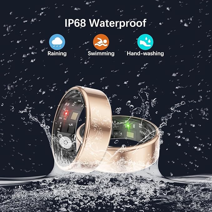 Smart Health Rings for Women Men, Fit Ring with Heart Rate, Blood Oxygen, HRV, Sleep Tracker, Step Tracker, No Subscription Fee, IP68 Waterproof Smart Ring for iPhone & Android (Gold 7#)