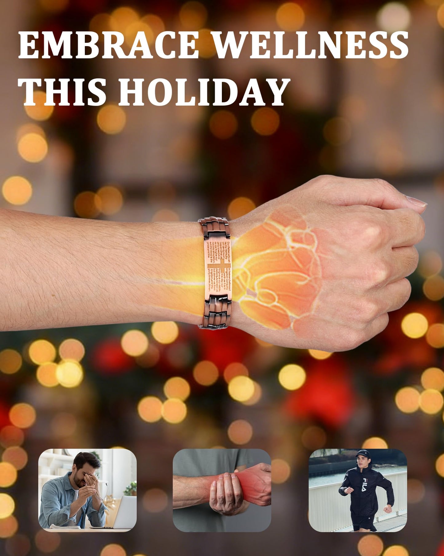 MagEnergy Copper Bracelet for Men, Christmas Gifts Box, Cross Copper Magnetic Bracelet with Ultra Strength Magnets, Adjustable Link Jewelry Box Gift (Sizing Tool)