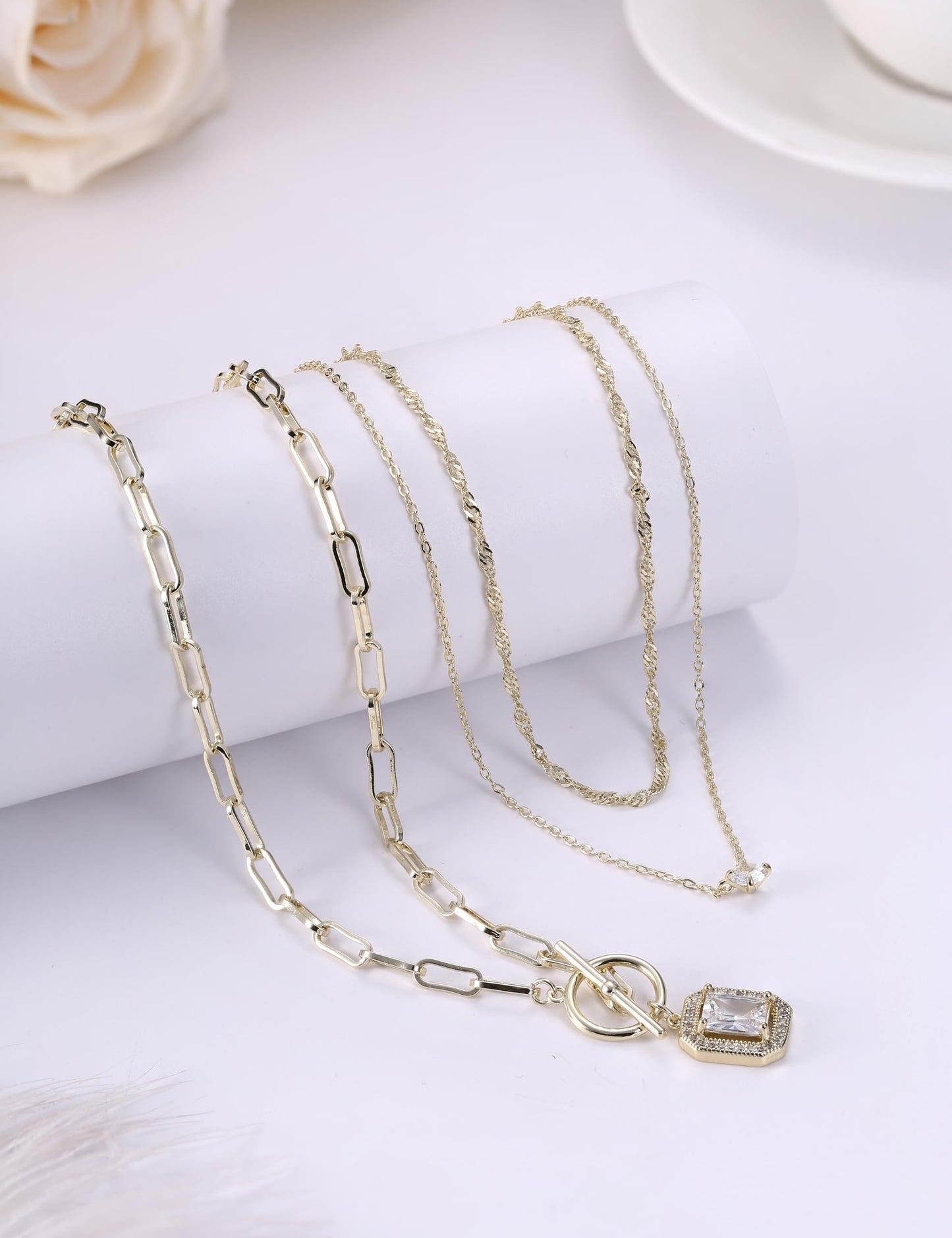 ORAZIO Layered 14K Gold Plated Necklaces for Women Dainty Necklace Stack Silver Plated Non Tarnish Free Pendant Chunky Chain Pearl Paperclip Cross Heart Necklace Set for Women C