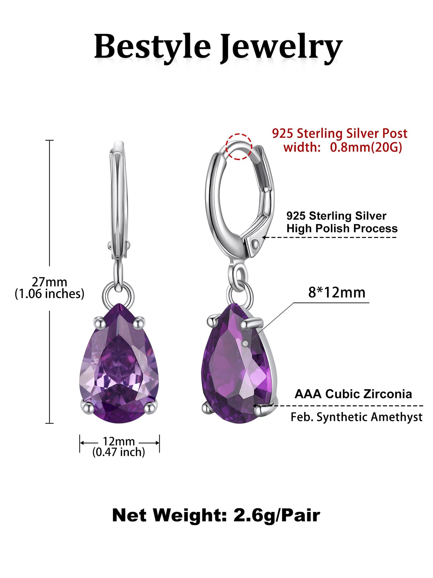 Bestyle Silver February Birthstone Dangle Earrings - Amethyst Crystal Drop Baguette Earrings for Women - Dainty Cute Small Silver Huggie Hoop Dangle Earrings for Birthday Wedding Party Gowns