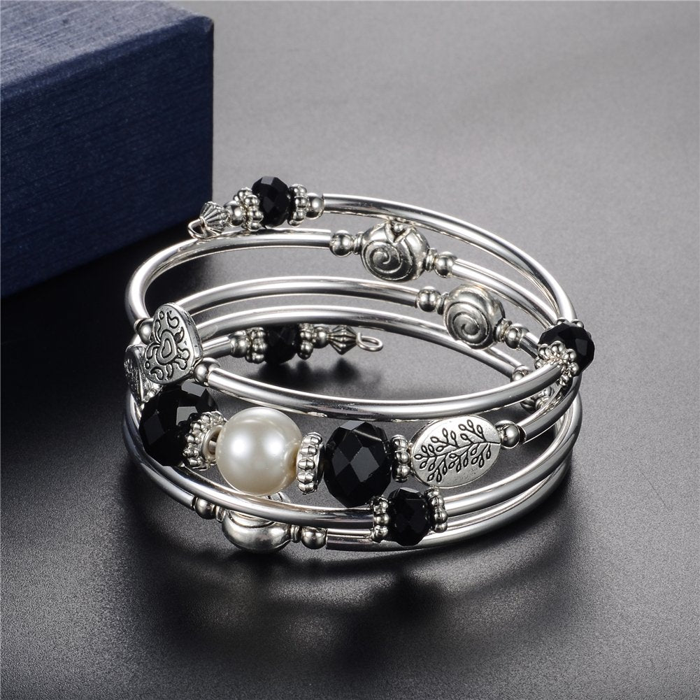 PEARL&CLUB Bead Crystal Wrap Bangle Bracelet - Fashion Jewelry Beaded Bracelet with Silver Metal, Gifts for Women(92-Black)