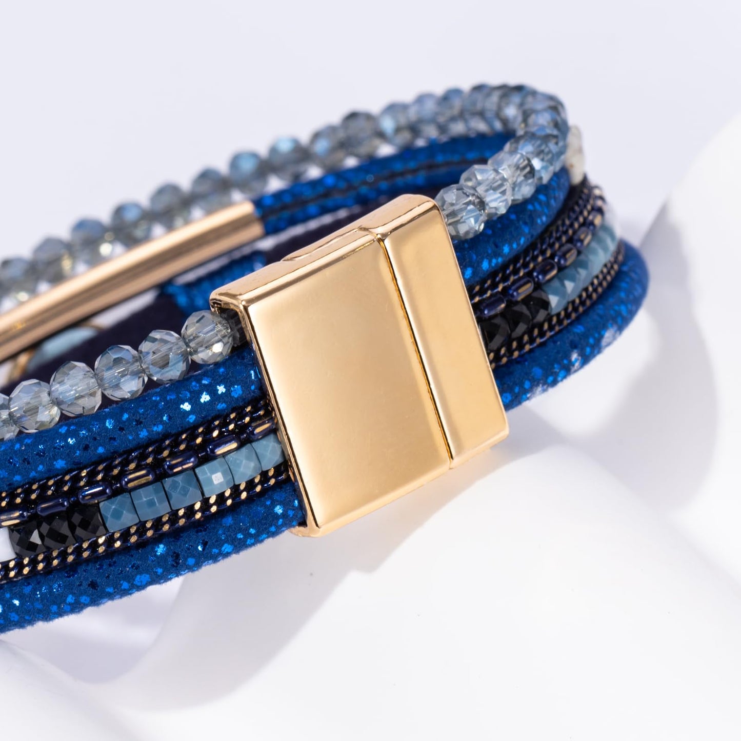 Becklynn Boho Leather Wrap Bracelets Beaded Crystal Stackable Cuff Bracelet with Magnetic Clasp Cowboy Cowgirl County Concert Outfits Western Jewelry Gifts for Women(Crystal Navy Blue)
