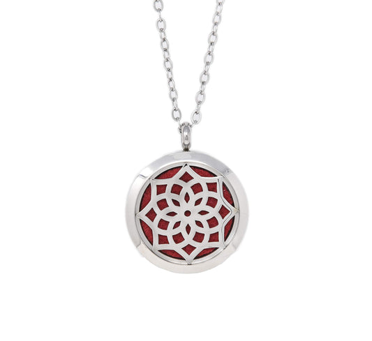 Aromatherapy Essential Oil Diffuser Stainless Steel 30MM Silver Locket Pendant 2 Sizes Chain Necklace, Refill Pads & Diffuser Bracelet in a Velvet Bag (flower2)