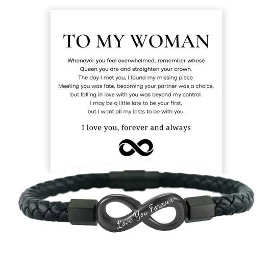 To My Wife, Feel My Love Infinity Leather Bracelet Love You Forever and Always Stainless Steel Bracelets Wife Bracelet from Husband Valentine Birthday Christmas Mother's Day Jewelry for Her(Infinite Black)