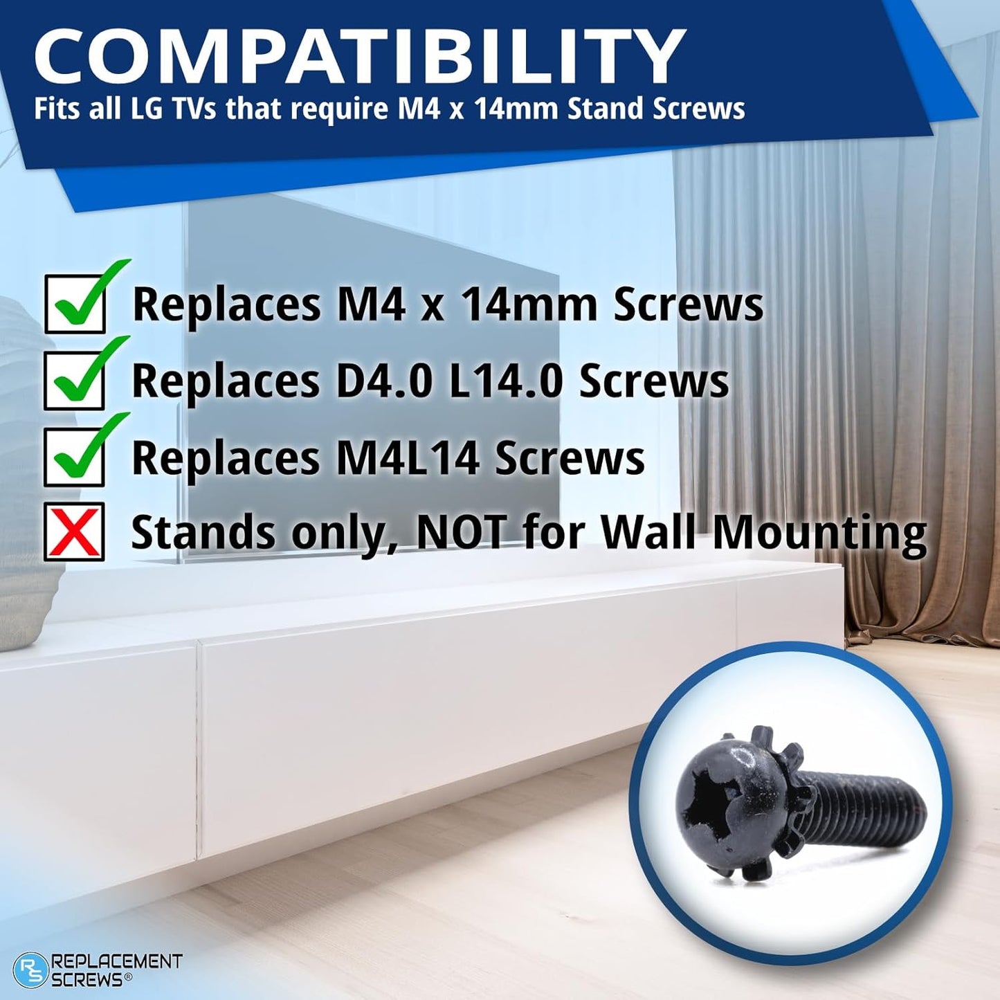 ReplacementScrews M4 14mm Set 4 Screws Compatible with Many LG TV Stands