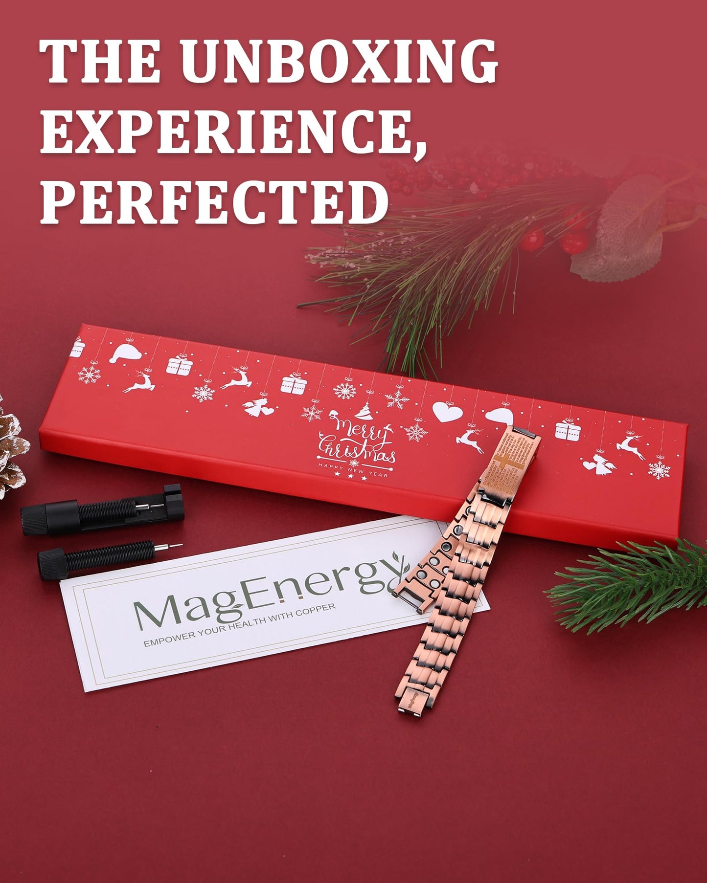 MagEnergy Copper Bracelet for Men, Christmas Gifts Box, Cross Copper Magnetic Bracelet with Ultra Strength Magnets, Adjustable Link Jewelry Box Gift (Sizing Tool)
